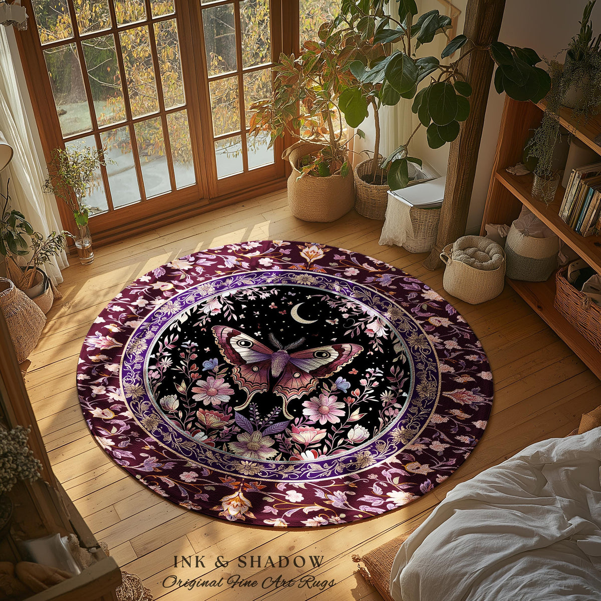 Purple Moth Celestial Rug Boho Fairycore Dark Floral Decor | Enchanted Fairy Cottagecore Butterfly Lovers Moth Moon Rug Whimsical Goth Gift