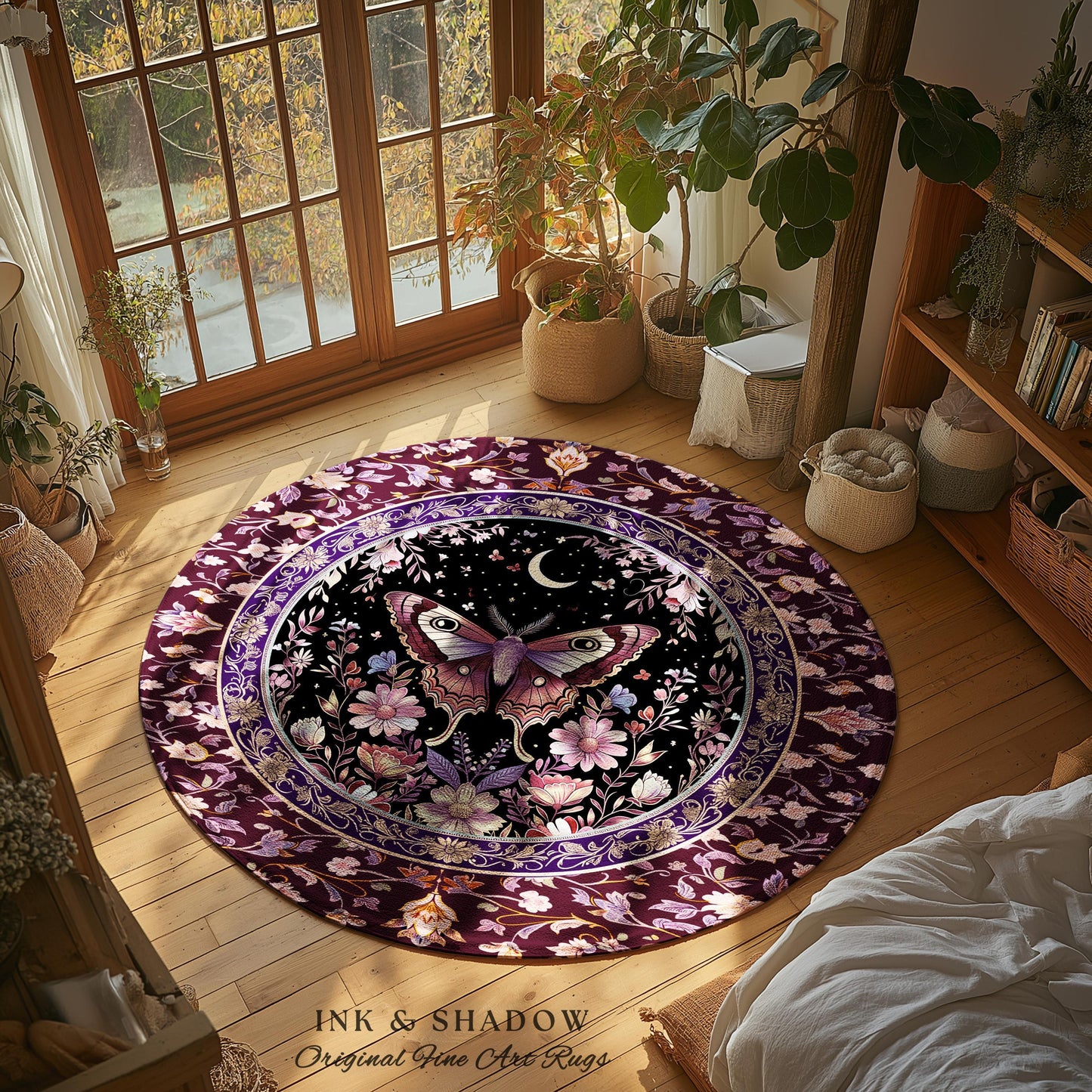 Purple Moth Celestial Rug Boho Fairycore Dark Floral Decor | Enchanted Fairy Cottagecore Butterfly Lovers Moth Moon Rug Whimsical Goth Gift