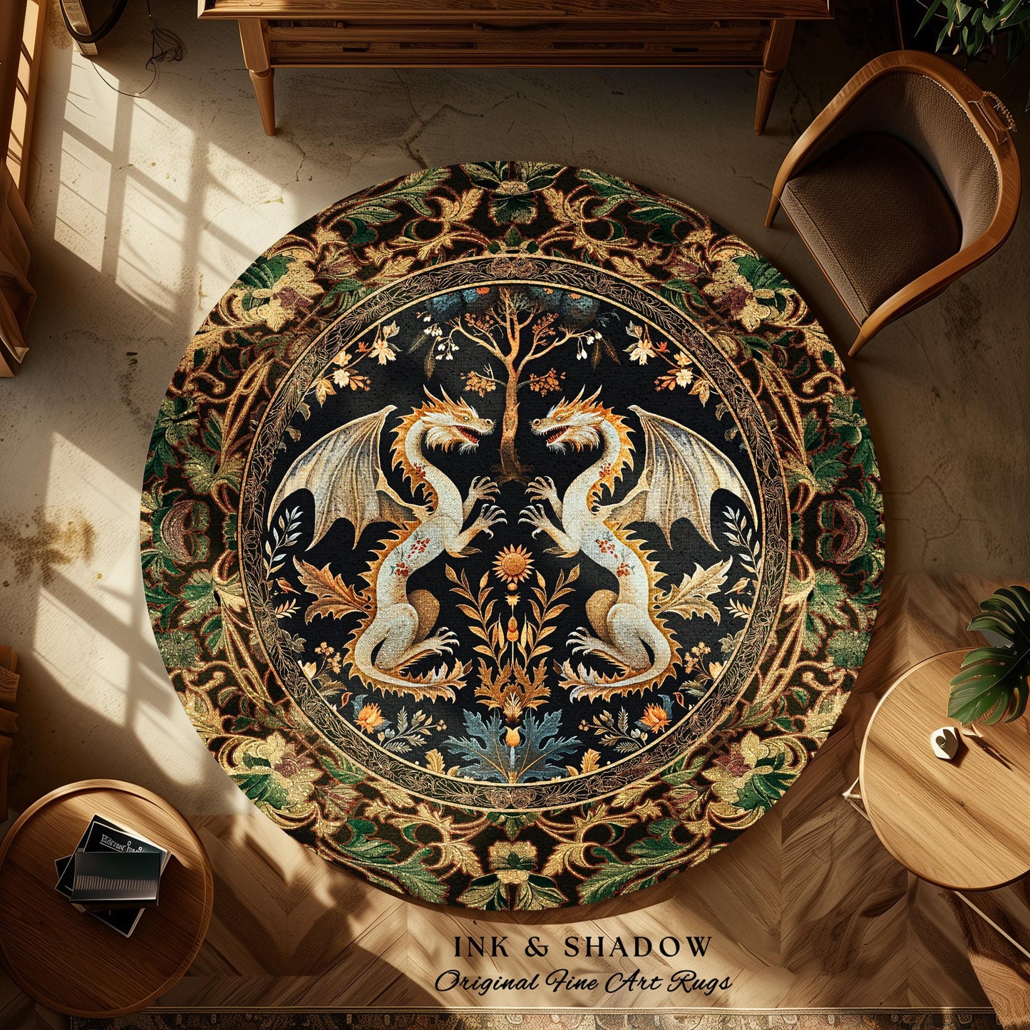 Rococo Dragon Round Area Rug Ornate Baroque Art Nouveau Inspired Folklore Decor | Antique Aesthetic Maximalist Fantasy Home Statement Piece