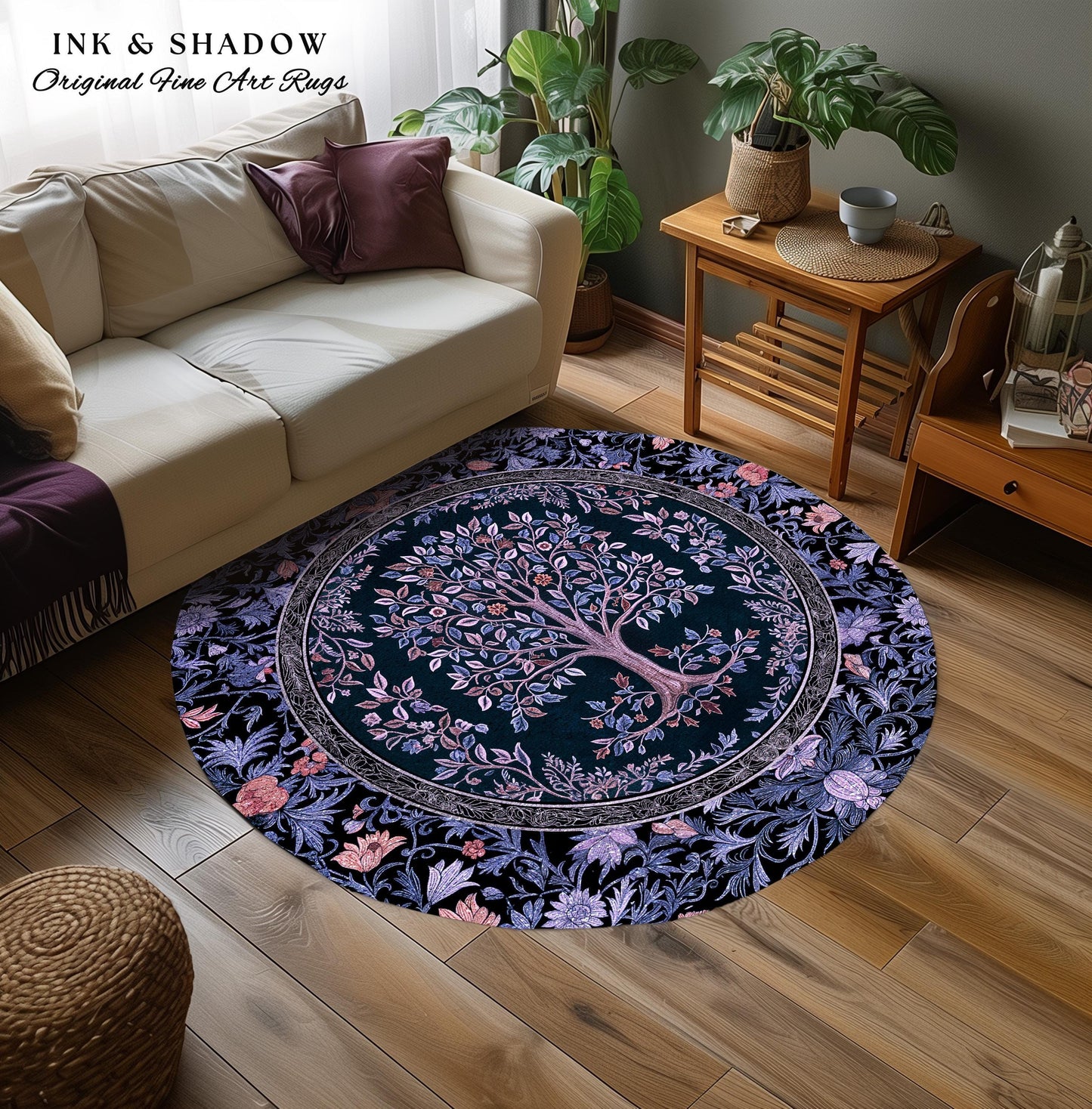 Whimsical Lavender Tree of Life Rug | Pastel Botanical Theme Romantic Cottagecore Decor Medieval Gothic Style Vintage Folk Art Home Accent