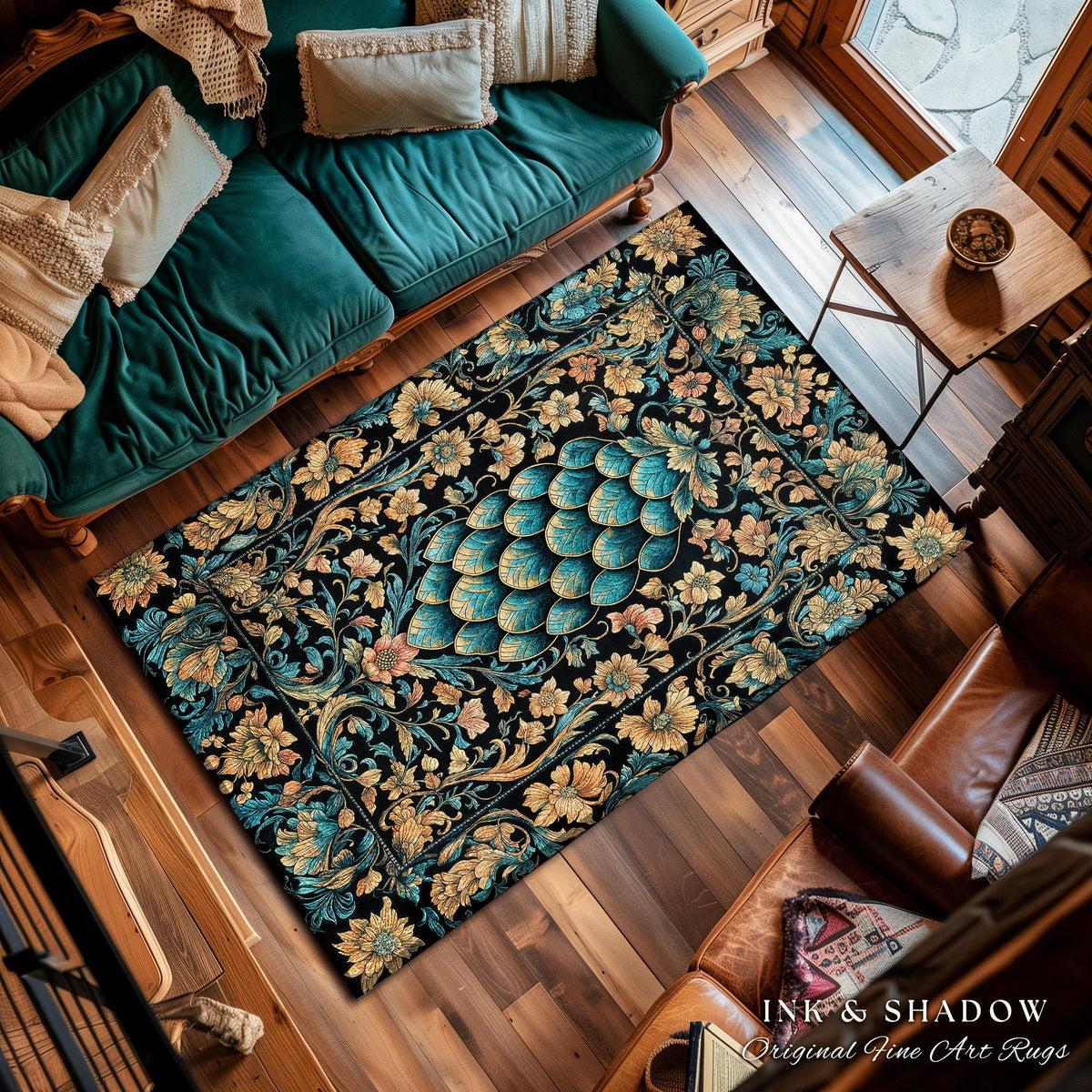 Arcane Elegance Enchanted Area Rug | Dark Academia Whimsical Gothic Fantasy Home Accent Ornate Medieval Floral Dragon Scale Ethereal Decor