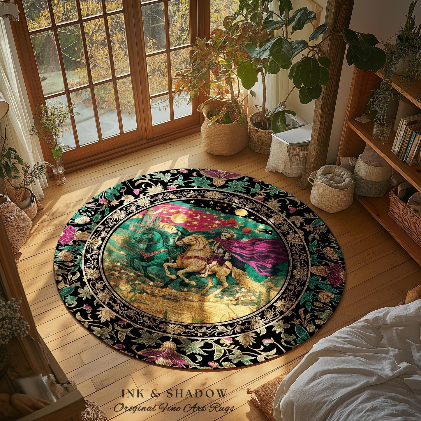 Magic Whimsical Skeleton Horsemen Rug | Gothic Celestial Landscape Castlecore Royal Couple Fantasy Baroque Bedroom Accent Rug Macabre Dreamy