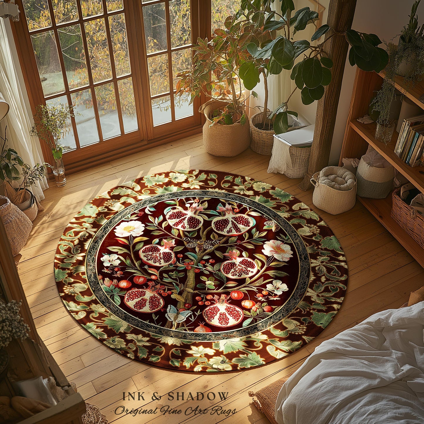 Antique Aesthetic Pomegranate Art Rug Enchanted Garden Cottagecore Decor | Gothic Woodland Whimsy Floral Butterfly Moth Vintage Fairycore