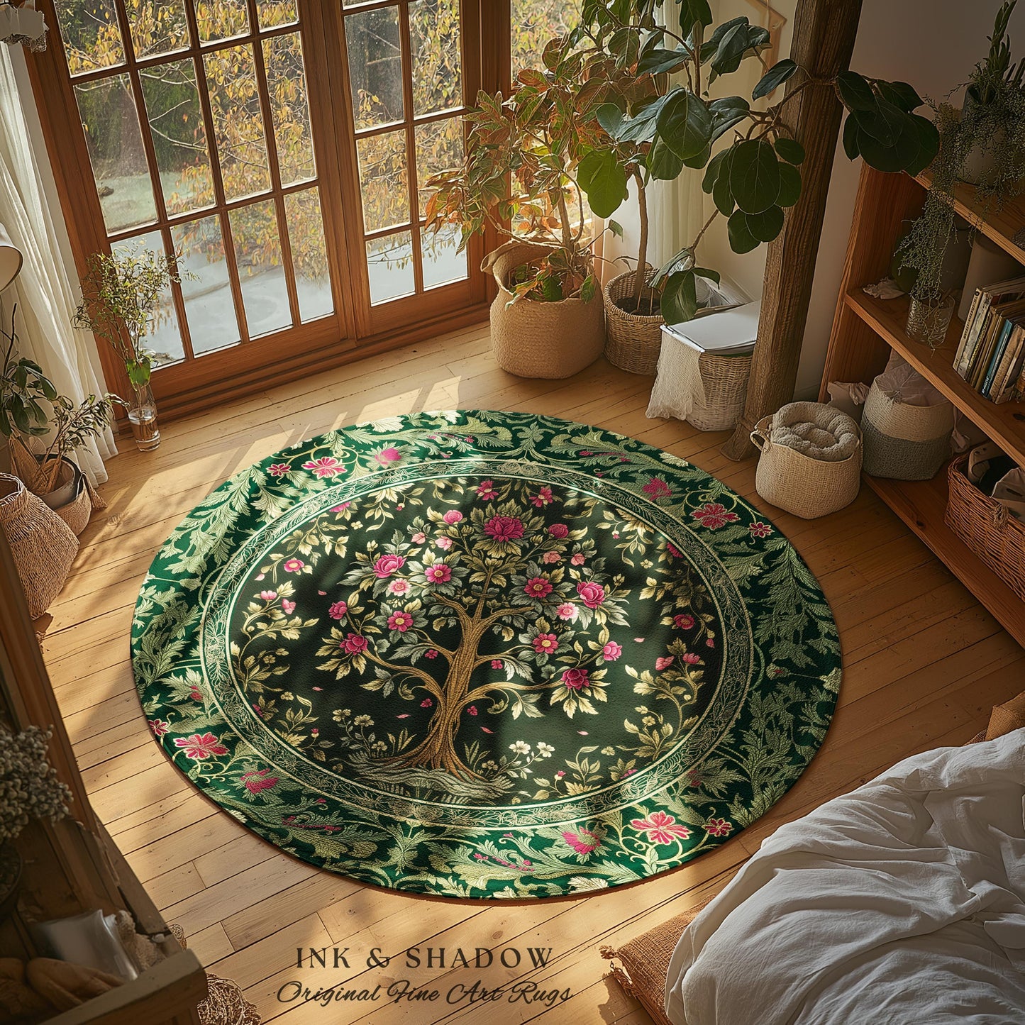Rosy Botanical Rustic Tree Rug | Woodland Cottagecore Folklore Aesthetic Romantic Decor Vintage Fairycore Bedroom Accent Soft Aesthetic |