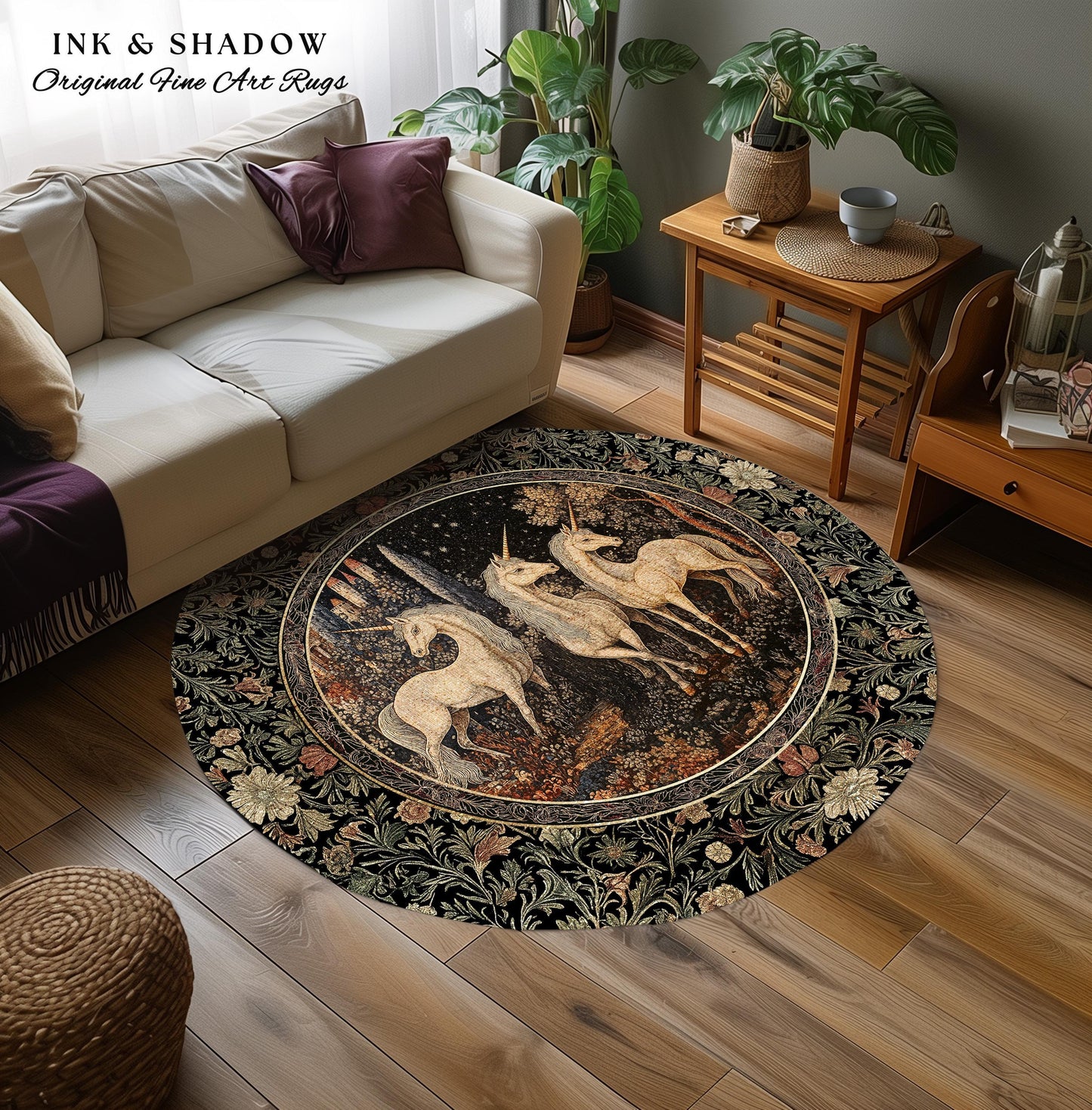 Medieval Ethereal Unicorn Area Rug | Goblincore Aesthetic Accent Rug Ornate Vintage Gothic Baroque Florals Magical Wonders Bedroom Carpet |