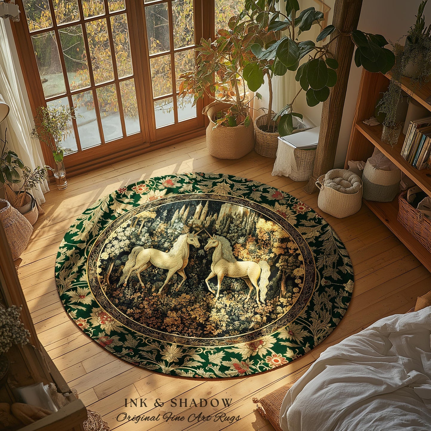 Royal Aesthetic Woven Unicorn Rug | Fairycore Rustic Area Rug Home Accent Gothic Whimsical Florals Storybook Bedroom Whimsical Ornate Gothic