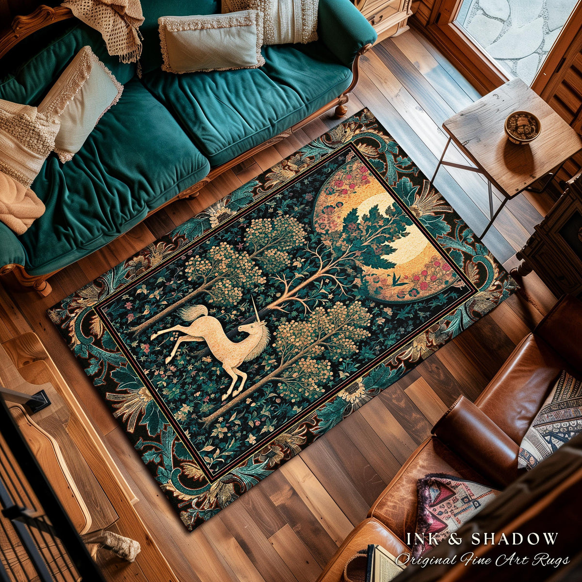 Moonlit Forest Mystical Unicorn Round Rug Medieval Fairycore Decor | Renaissance Whimsical Gothic Aesthetic Baroque Forestcore Home Accent