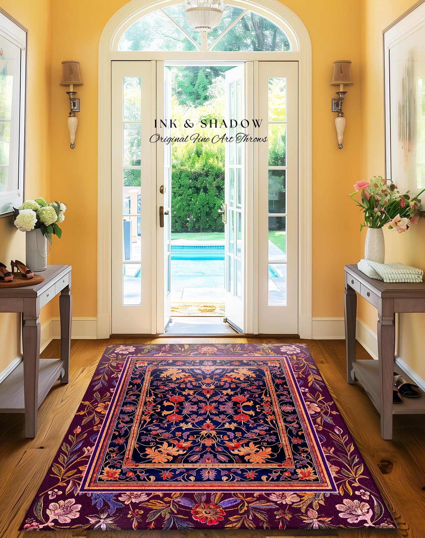Whimsical Purple Whimsigothic Area Rug | Fairycore Dark Floral Victorian Cottagecore Witchy Wildflower Home Decor Renaissance Princesscore |
