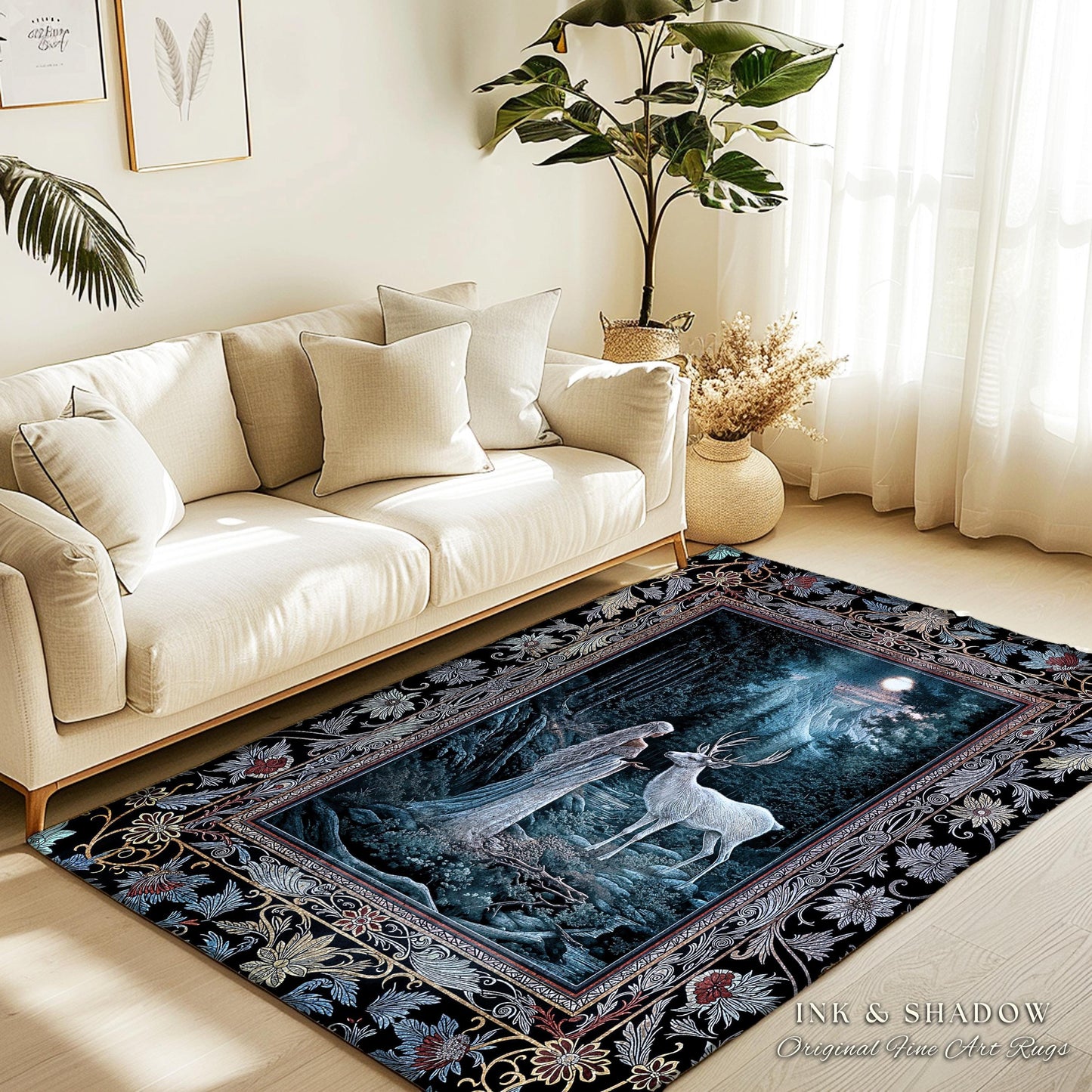 Moonlit Deer Forest Rug | Midnight Magic Folklore Accent Rug