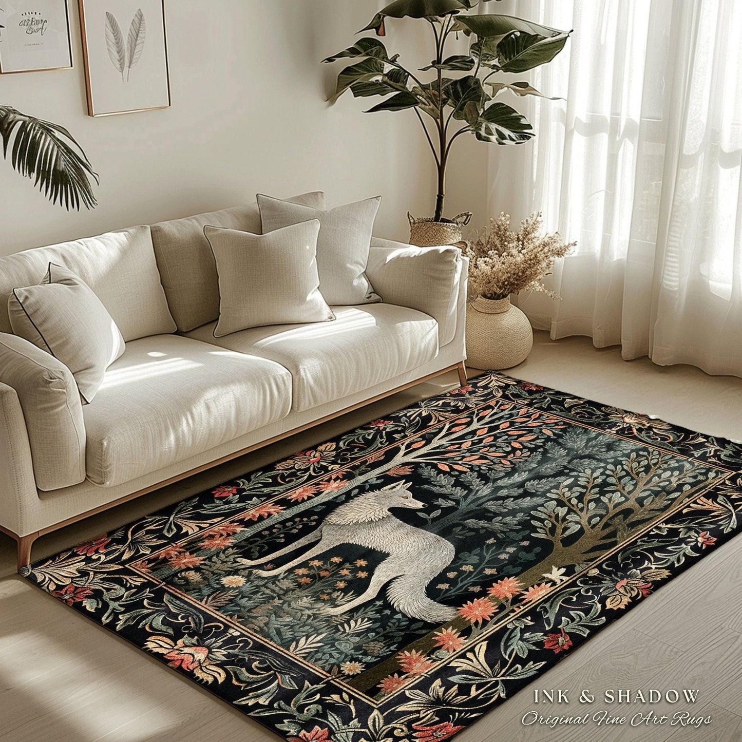 Woodland Floral Scandi Round Wolf Rug Morris Inspired Forest Cottagecore | Fairycore Bedroom Magical Nature Whimsical Scandinavian Wolf Rug