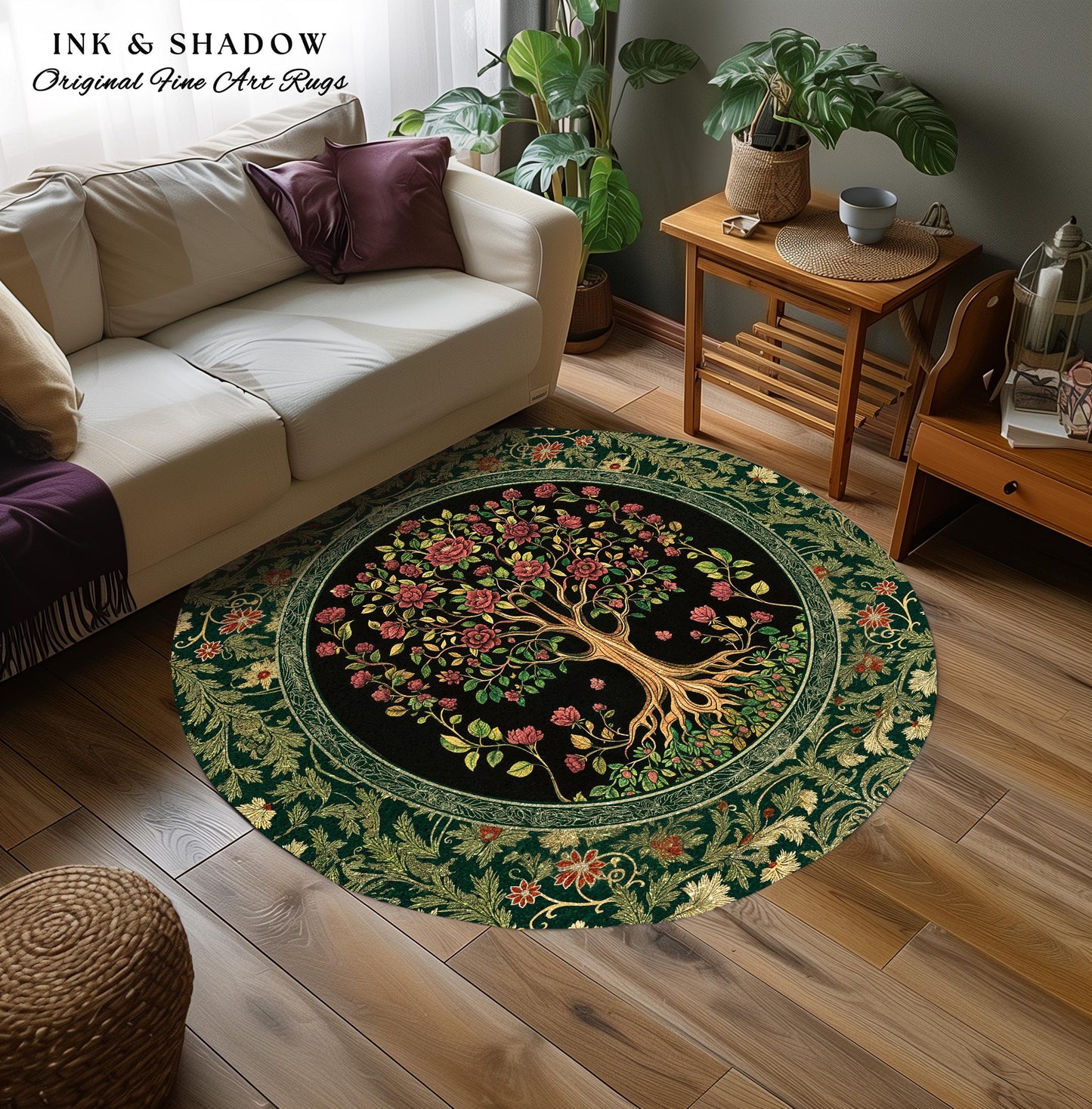 Floral Victorian Garden Tree Rug | Baroque Floral Design Folk Art Inspired Medieval Botanical Decor Romantic Rococo Cottagecore Accent Rug |