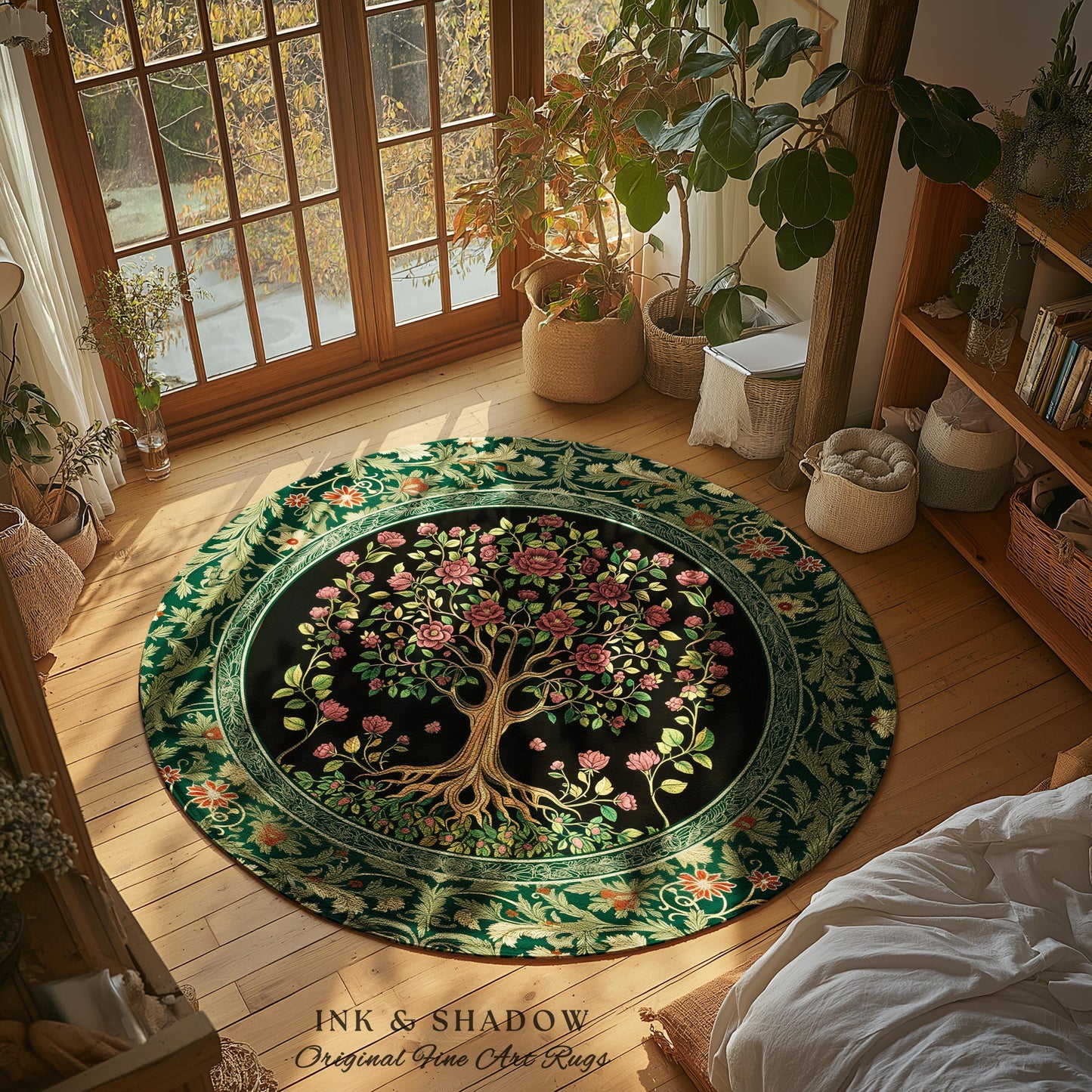 Floral Victorian Garden Tree Rug | Baroque Floral Design Folk Art Inspired Medieval Botanical Decor Romantic Rococo Cottagecore Accent Rug |