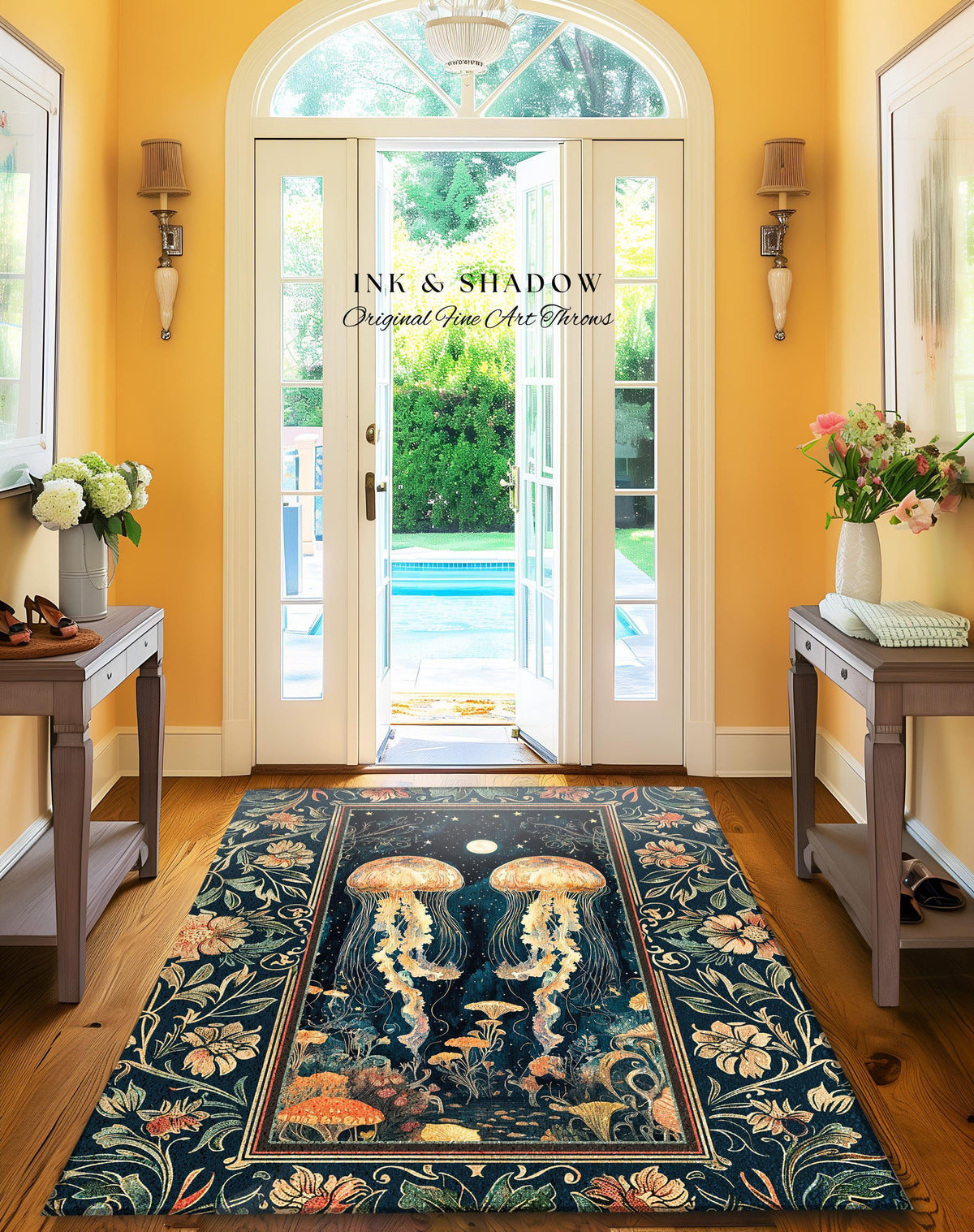 Ocean Gothic Jellyfish Cozy Area Rug | Celestial Costal Cottagecore Enchanted Whimsigothic Dark Floral Woven Tapestry Nautical Accent Rug |