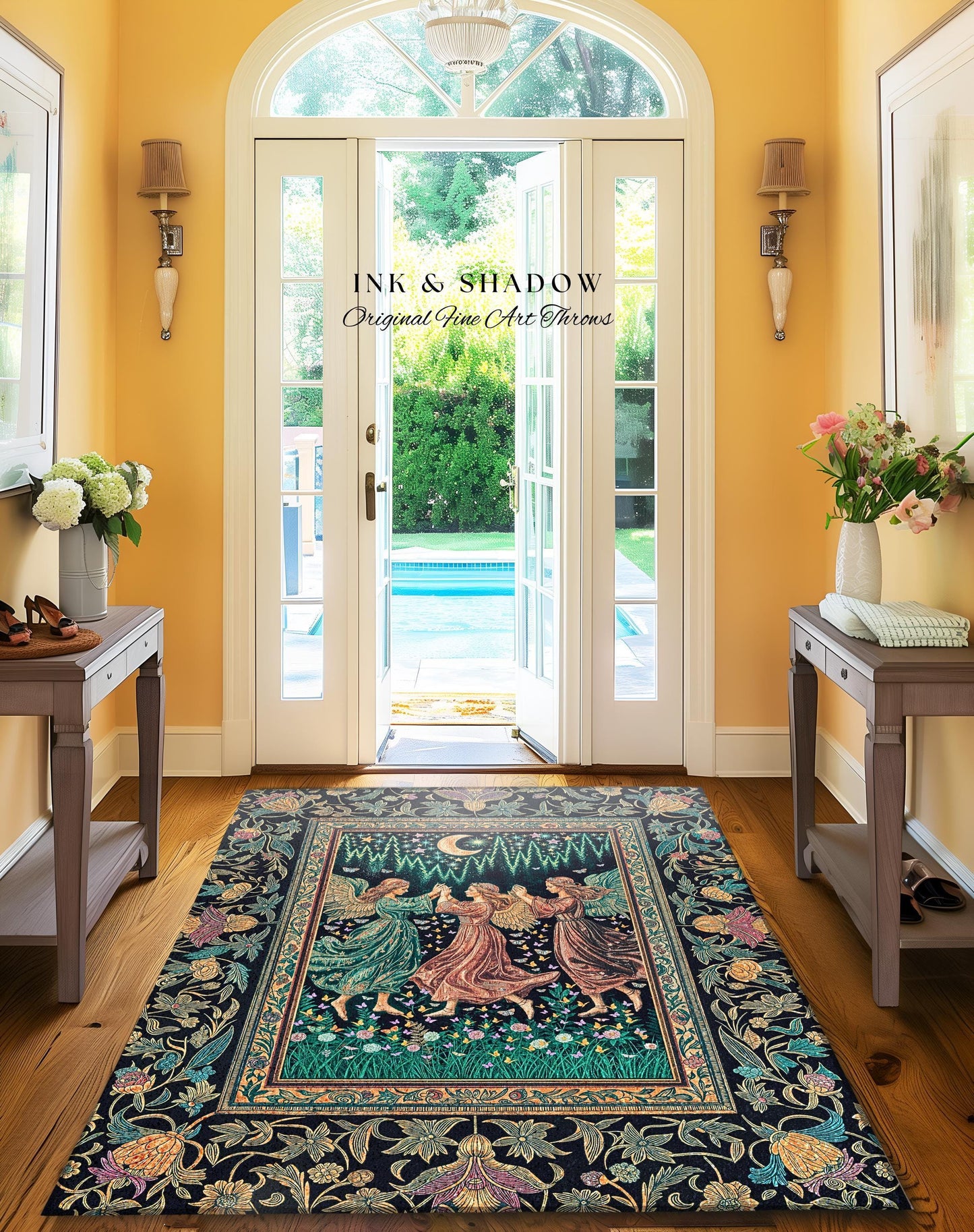 Moonlit Midsummer Night Angel Area Rug | Ethereal Folklore Fairy Decor Cottagecore Medieval Dreamy Bedroom Accent Fairycore Dark Academia |