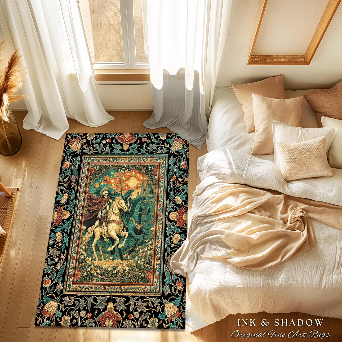 Fantasy Aesthetic Skeleton Riders Rug | Haunted Horsemen Royal Celestial Golden Maximalist Baroque Macabre Bedroom Accent Whimsigothic Dorm