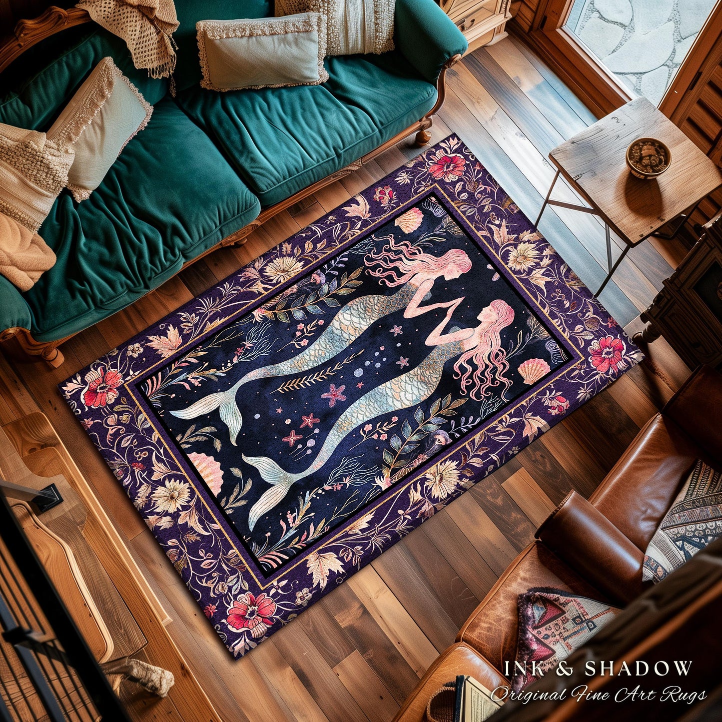 Retro Art Deco Mermaid Art Runner Rug Whimsical Coastal Cottagecore Vintage Floral Purple Decor, Enchanted Underwater Fantasy Sea Scene Rug