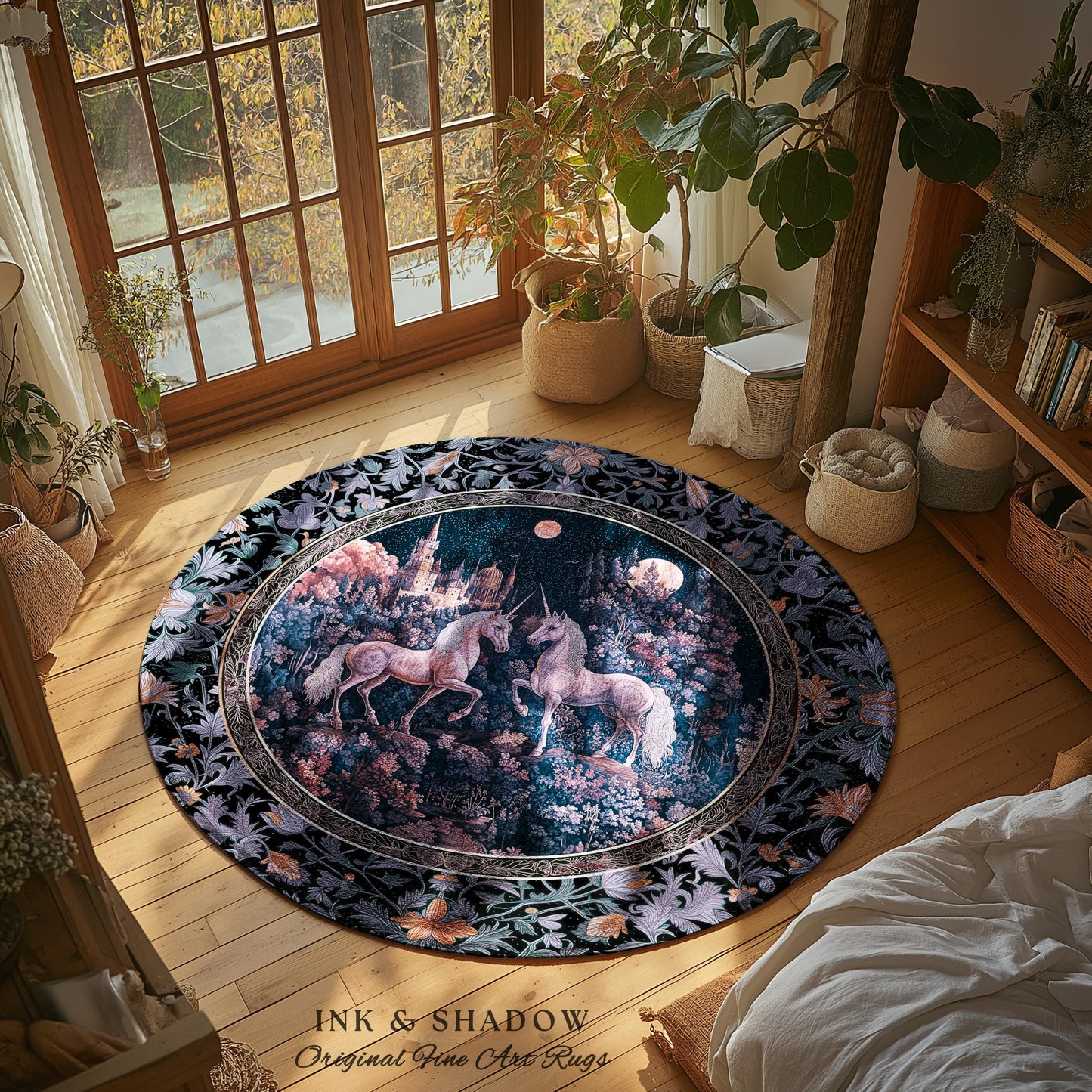 Moody Moonlit Unicorn Accent Rug | Elegant Medieval Florals Lavender Purple Whimsical Folklore Woven Tapestry Blanket Fairytale Area Rug |