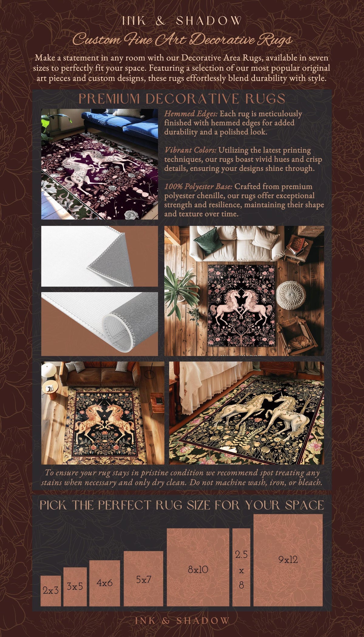 Dark Fairytale Unicorn Runner Rug | Whimsical Fairycore Home Accent Victorian Gothic Floral Decor Baroque Romantic Mystic Cute Area Rug Boho