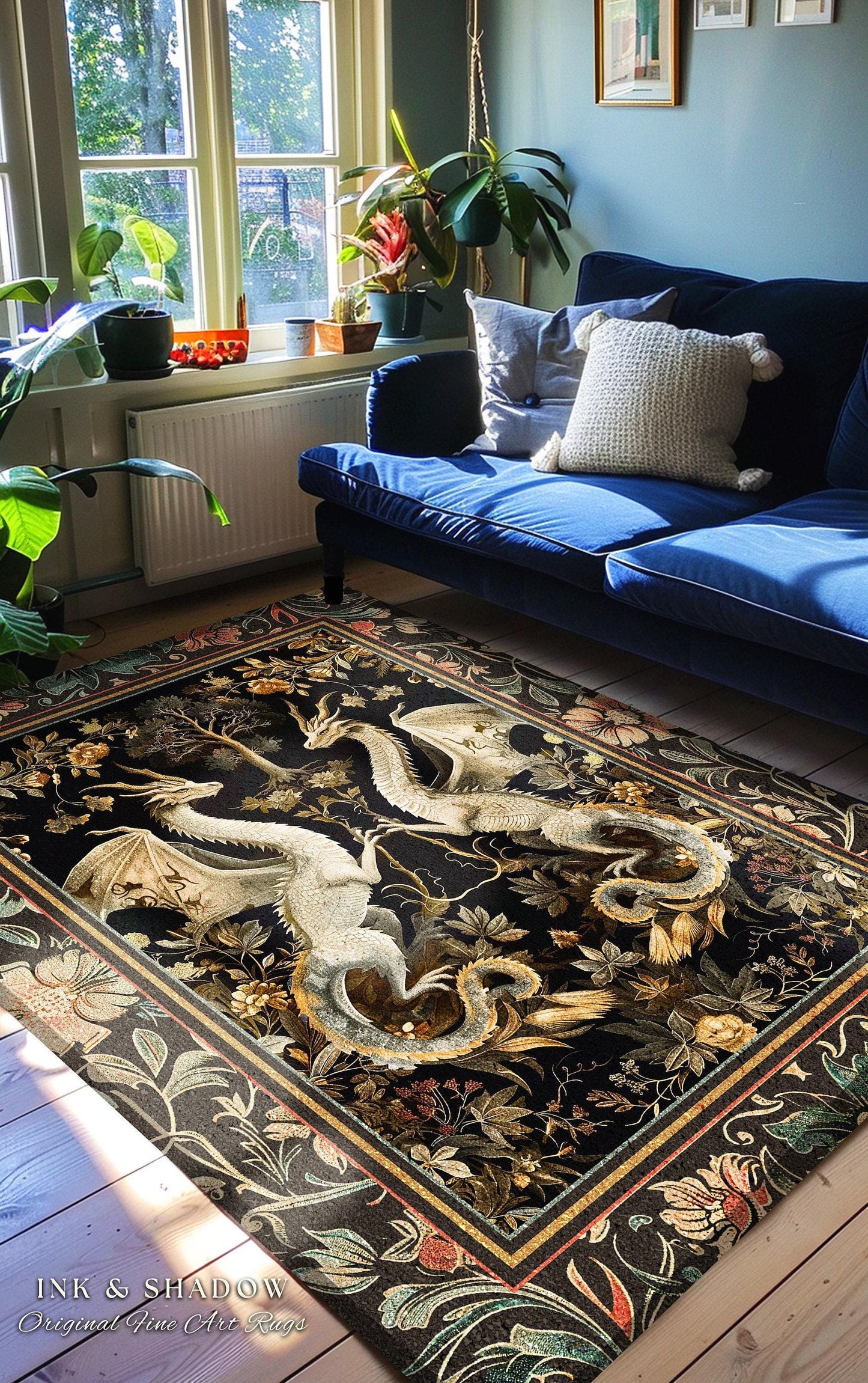 Fantasy Inspired Dragon Rug Victorian Gothic Decor | Enchanted Medieval Dragon Lovers Light Academia Rug Whimsigothic Fantasy Art Mystic Rug