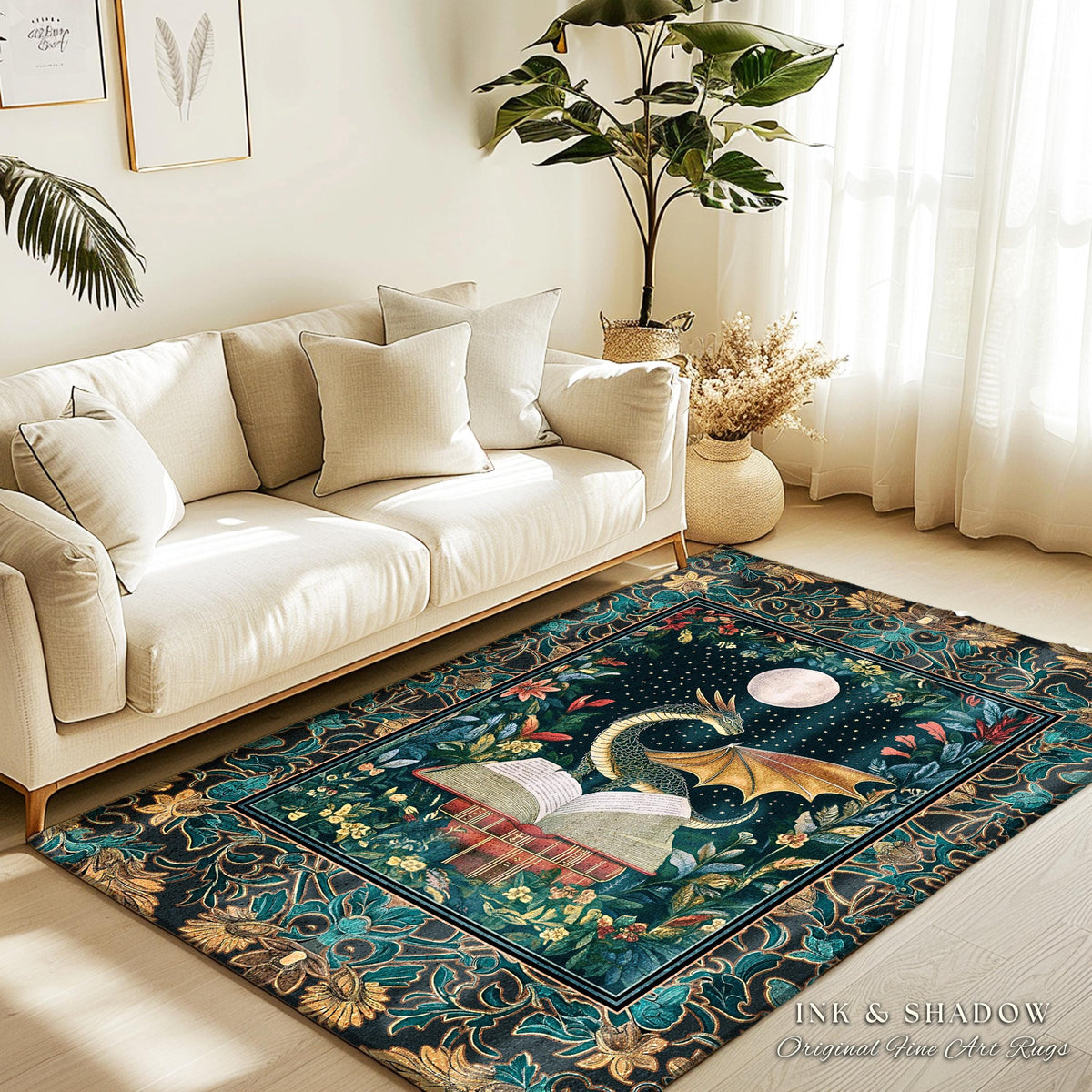 Witchy Moonlit Dragon Accent Rug | Book Lover Bedroom Fantasy Fairytale Style Fairycore Cottagecore Aesthetic Enchanting Area Rug Ethereal