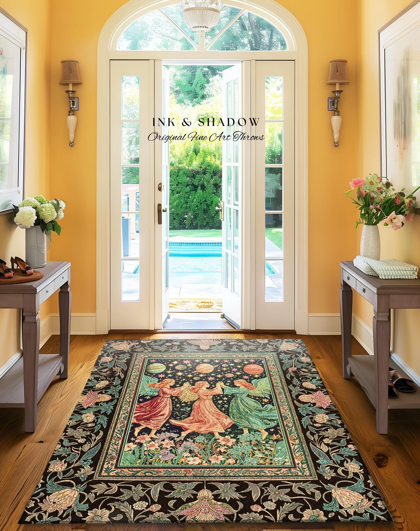 Astral Angels Whimsical Cozy Rug | Modern Medieval Fairycore Area Rug Enchanted Dreamy Cottagecore Dark Academia Aesthetic Bedroom Mystical