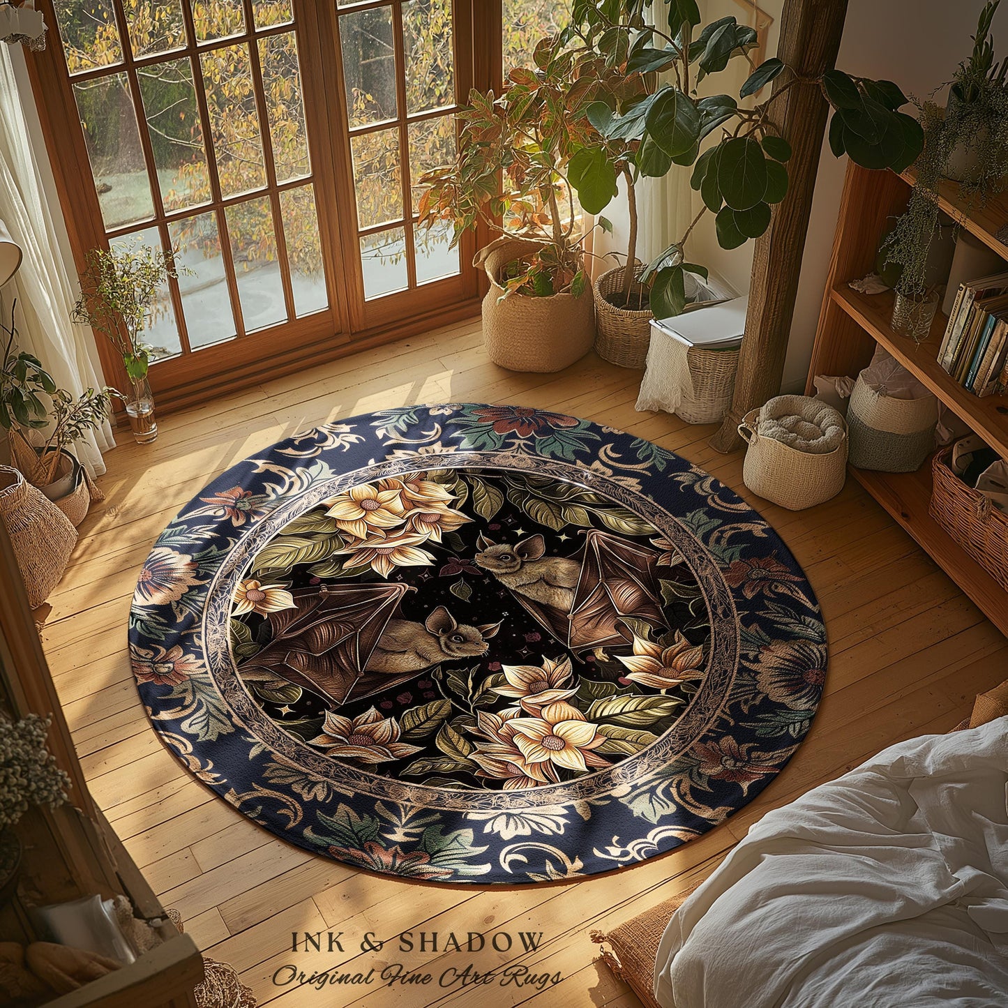 Dark Academia Mystic Bat Rug Woodland Gothic Victorian Decor | Enchanted Forest Bat Lover Nature Rug Celestial Boho Floral Cottagecore Decor