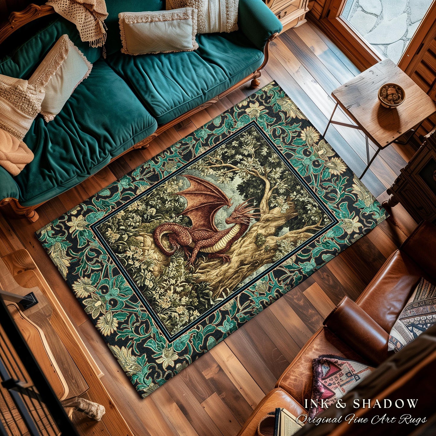 Moody Mythological Dragon Floor Rug | Whimsical Bedroom Dark Medieval Dragon Area Rug Enchanted Gloomy Ethereal Goblincore Style Bedroom |