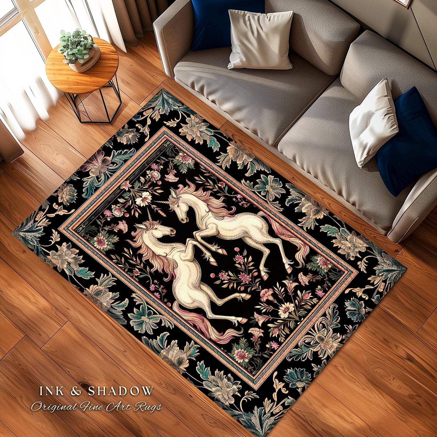 Rustic Folklore Mystical Unicorn Area Rug | Whimsical Purple Accent Bedroom Decor Magic Cottagecore Fairycore Magical Creature Dark Floral