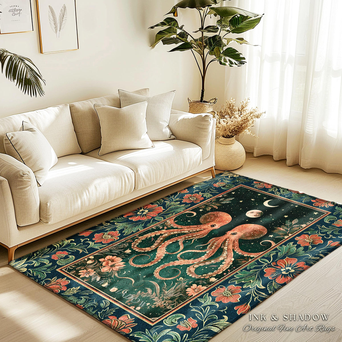 Celestial Octopus Whimsical Area Rug | Ethereal Sea Life Eclectic Accent Rug Magical Underwater Theme Ocean Aesthetic Whimsigothic Nautical