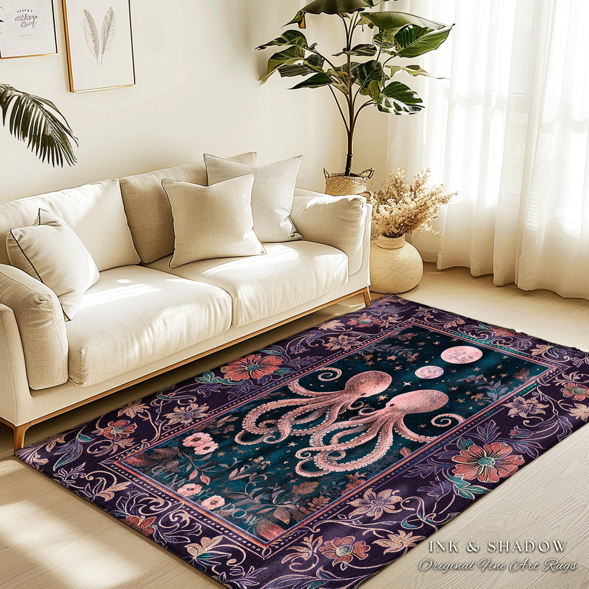 Lunar Magic Whimsical Octopus Rug | Midnight Purple Dark Academia Nautical Celestial Goblincore Oceanic Mystery Victorian Floral Area Rug |