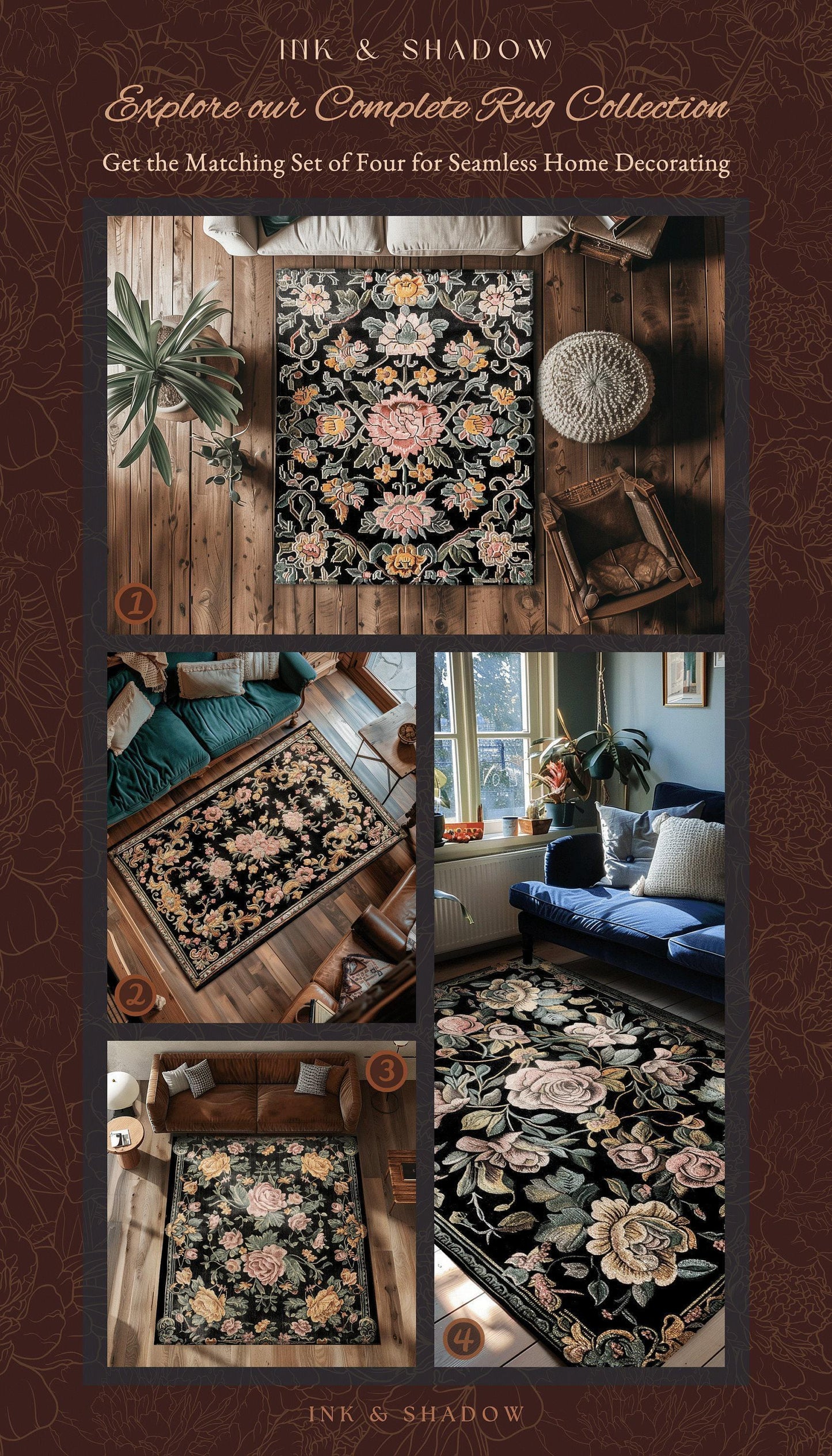 Victorian Roses Floral Accent Rug | Dark Floral Aesthetic Living Room Home Decor Rustic Housewarming Gift Cottagecore Pastel Bedroom Mat