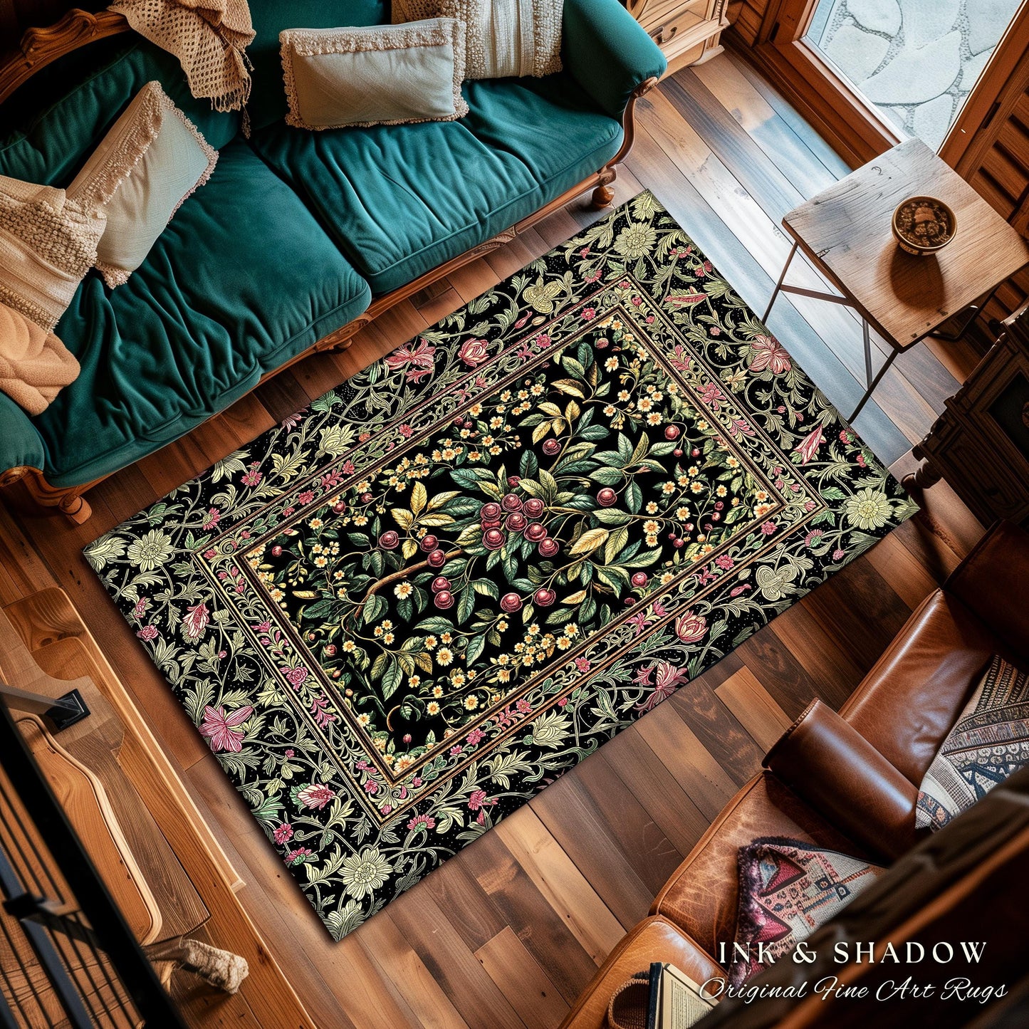 Gothic Elegance Cherry Accent Rug | Victorian Cottagecore Decor Baroque Floral Style Gothic Garden Area Rug Romantic Dark Aesthetic Ethereal