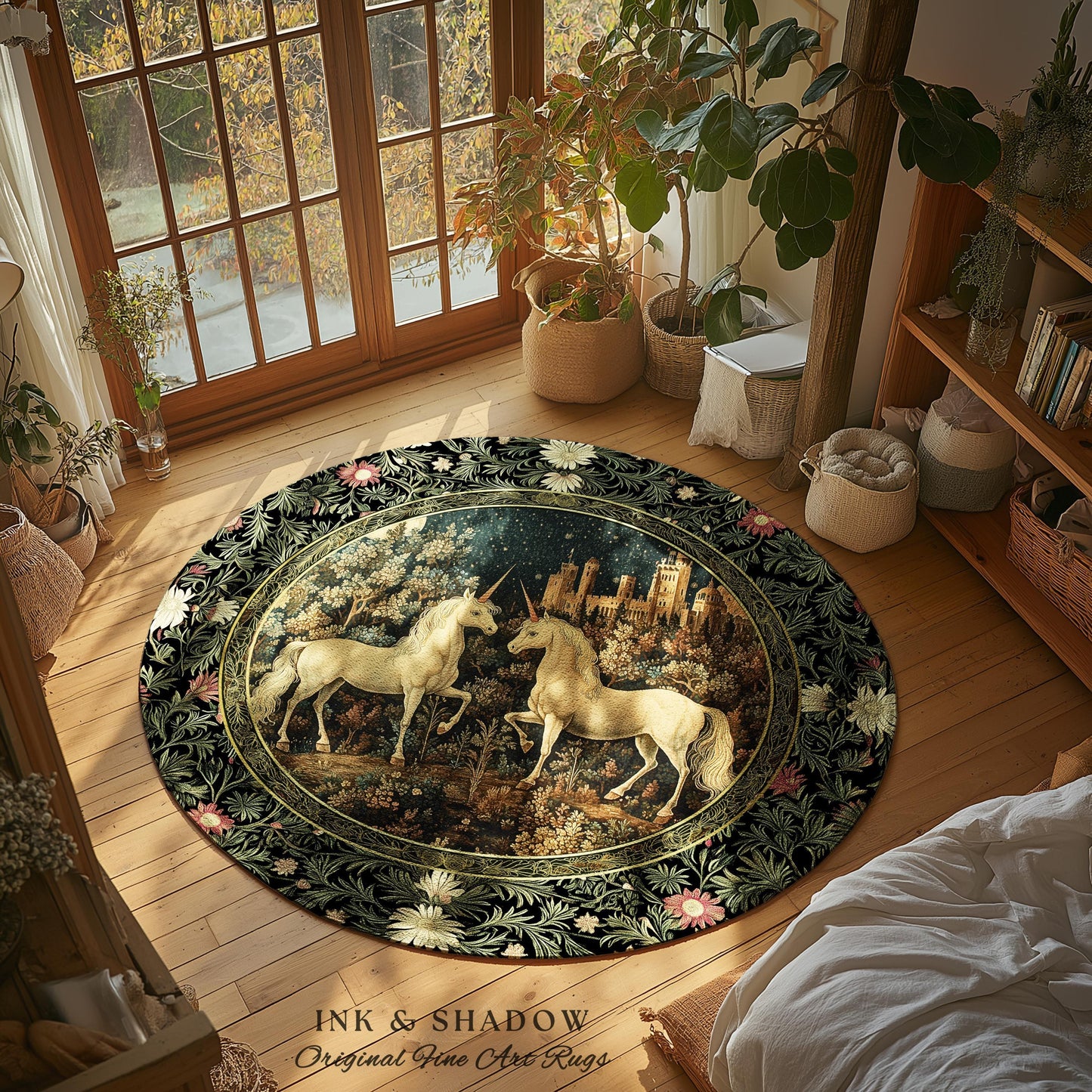 Dreamy Castle Landscape Unicorn Rug | Whimsical Elegance Bedroom Accent Rug Magical Storybook Aesthetic Fairytale Landscape Enchanted Style