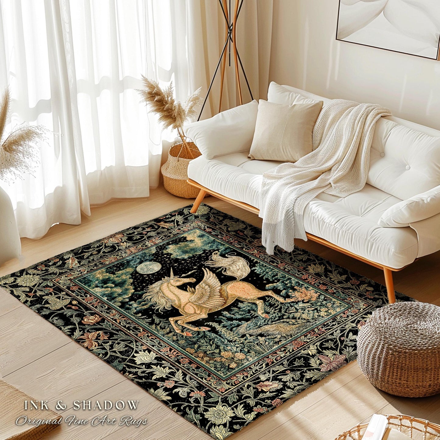 Celestial Pegasus Unicorn Forest Rug | Baroque Bedroom Decor Romantic Maximalist Fairytale Cottagecore Style Whimsical Castlecore Accent