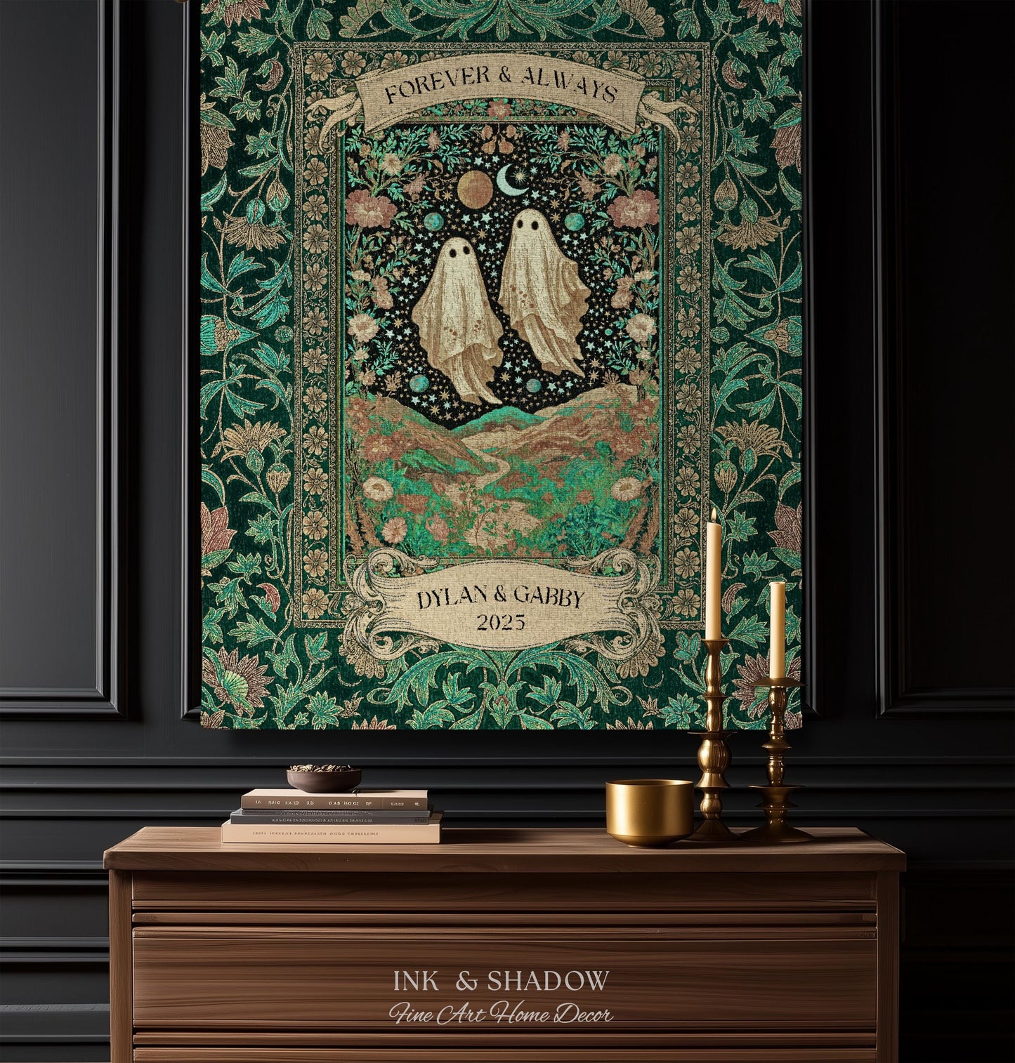 Celestial Ghost Lovers Woven Throw Personalized Couple Tapestry Forever & Always Starlit Courtship Teal Dreamscape Anniversary Heirloom Gift