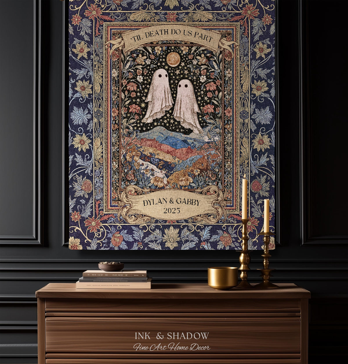 Memento Mori Ghost Tapestry Personalized | Custom Names Floral Gothic Vow Anniversary Newly Wed Gift For Haunted Home Decor Mr and Mrs Throw