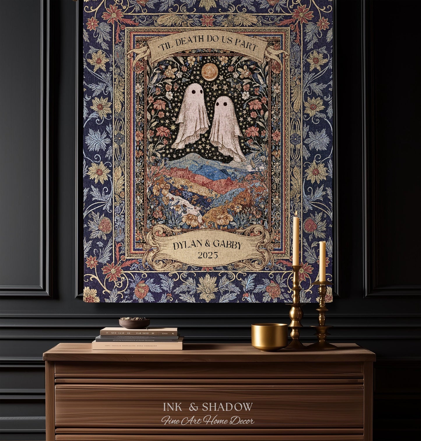 Memento Mori Ghost Tapestry Personalized | Custom Names Floral Gothic Vow Anniversary Newly Wed Gift For Haunted Home Decor Mr and Mrs Throw