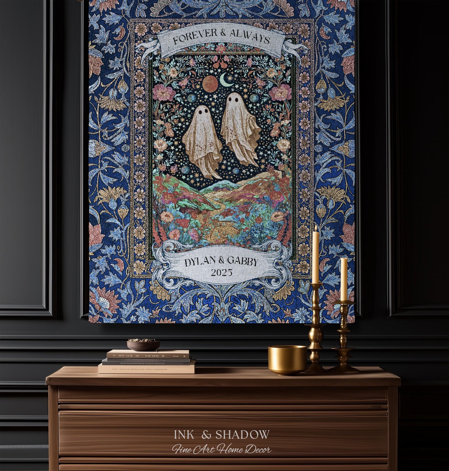 Starry Floral Ghost Couple Woven Tapestry | Celestial Gothic Romance Tapestry Home Decor Custom Names And Year Cotton Anniversary Blanket |