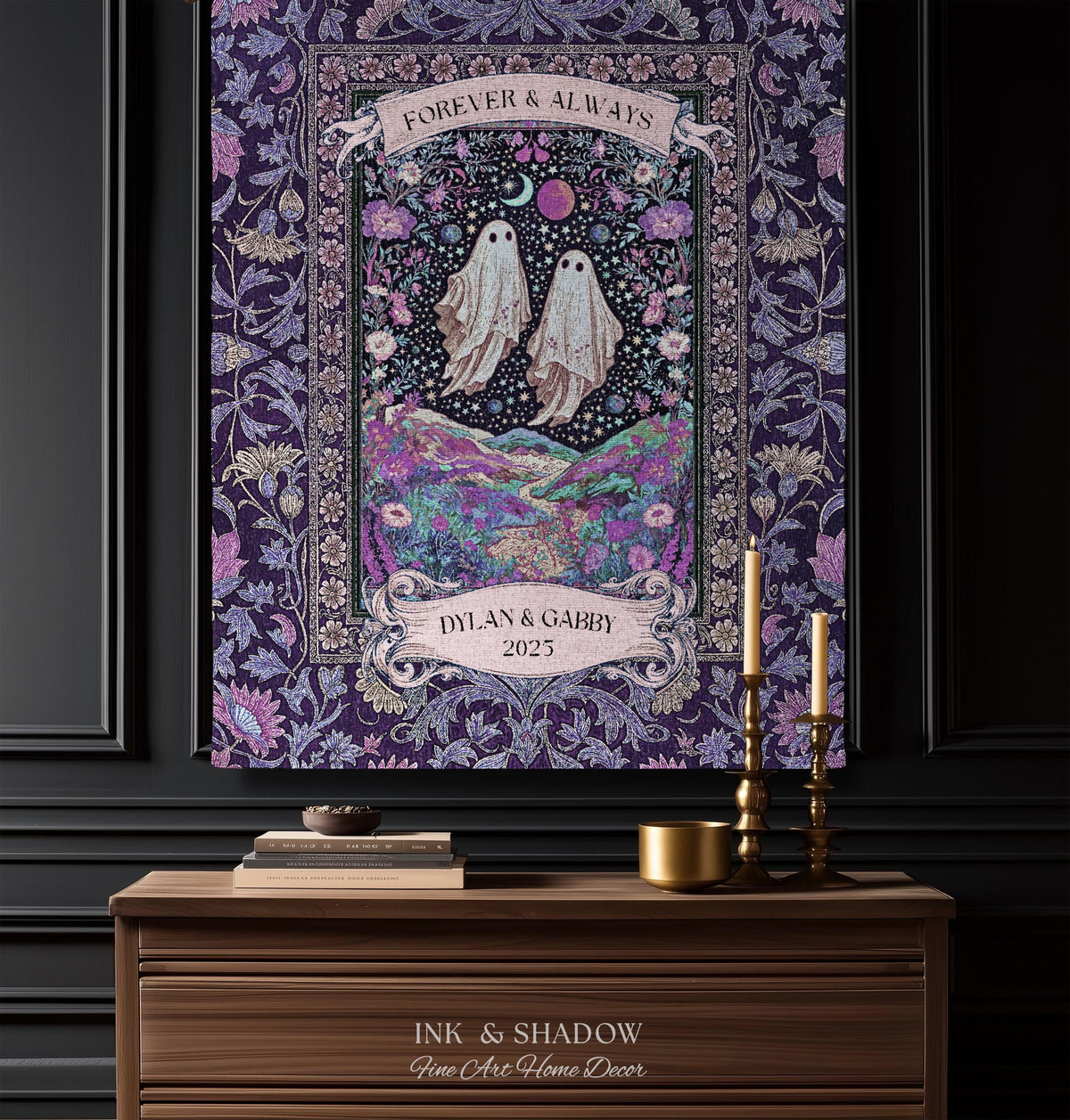 Lunar Garden Ghost Couple Tapestry | Forever And Always Custom Names And Year Gothic Floral Dating Anniversary Gift Celestial Throw Blanket