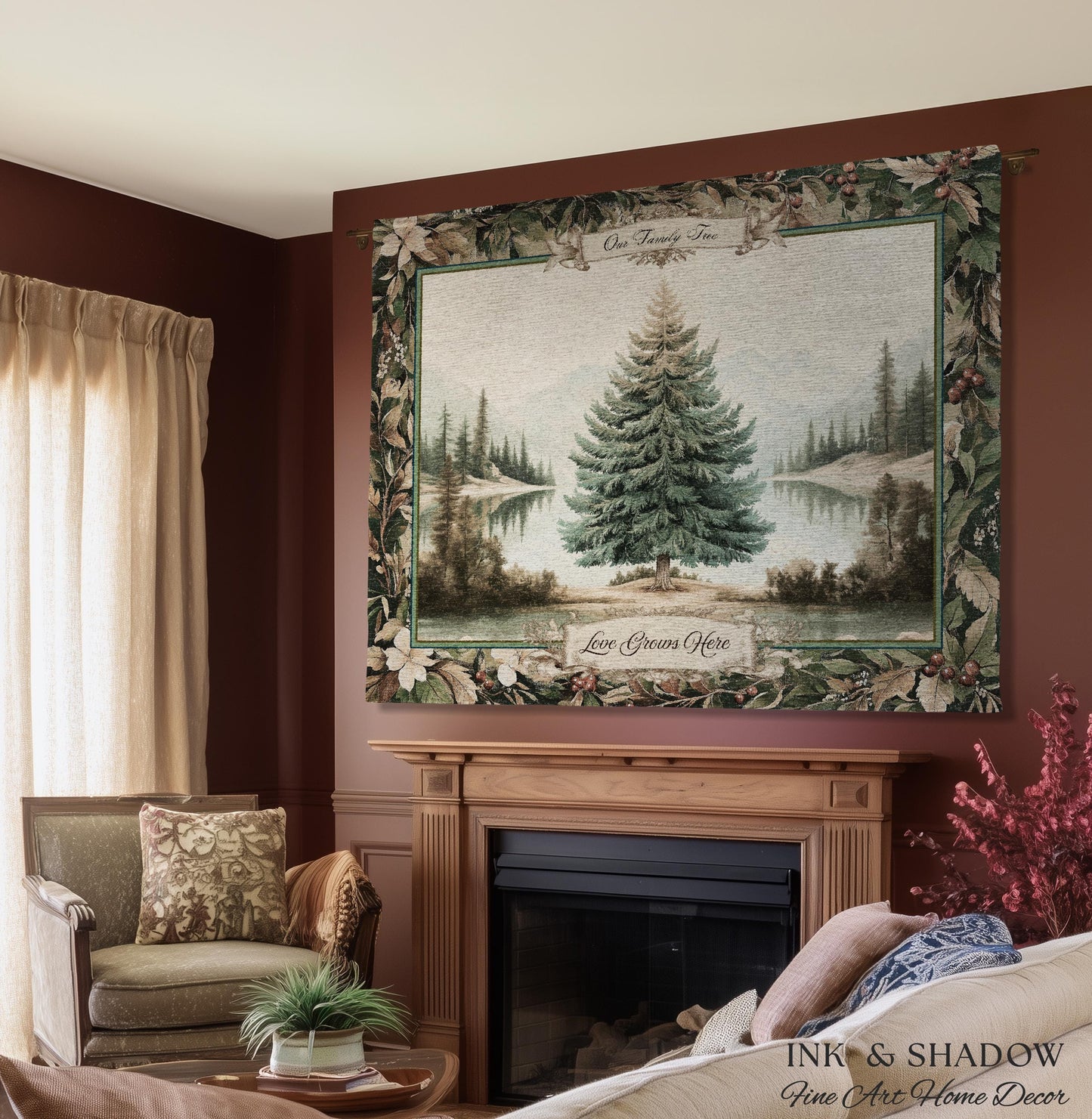 Classic Winter Landscape Custom Family Name Tapestry | Nostalgic Christmas Cozy Woven Throw Blanket Personalized Holiday Heirloom Wall Art