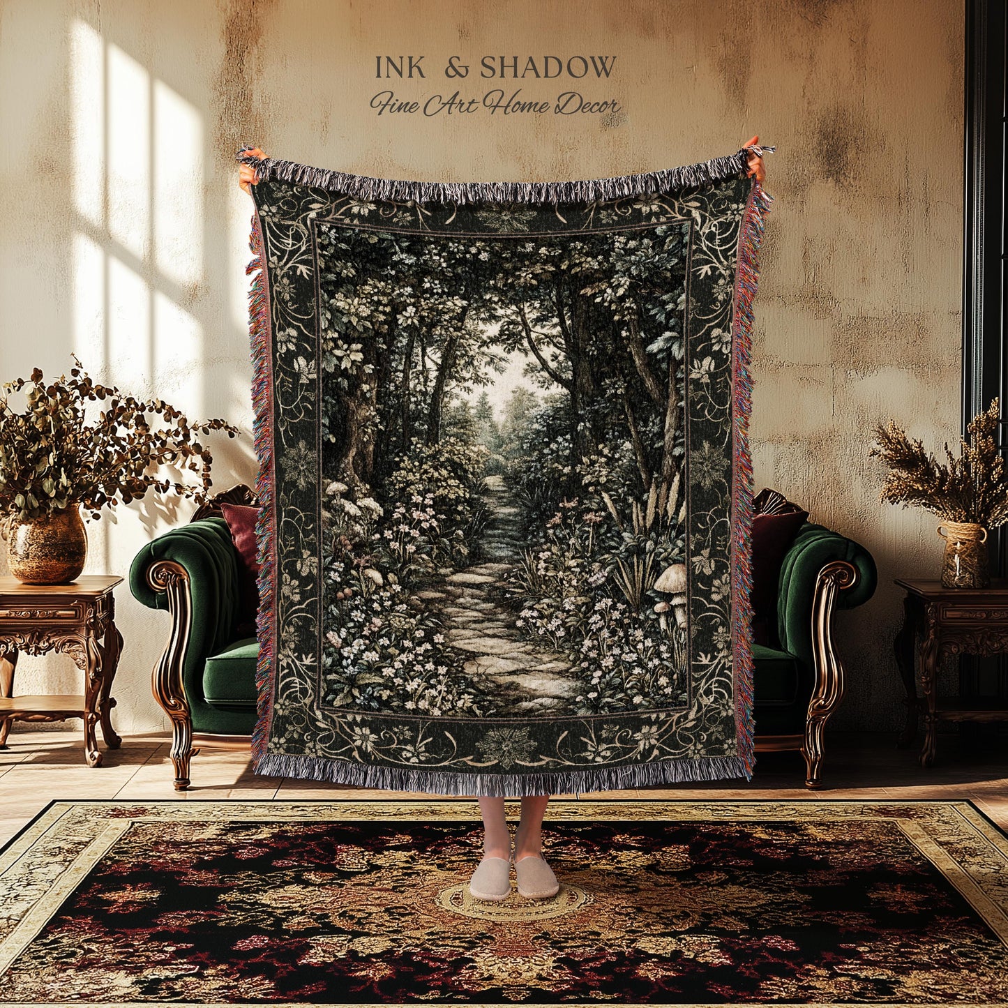 Fairy Meadow Mushroom Forest Woven Blanket Mystic Academia Folklore Inspired, Fairycore Woodland Gothic Whimsical Medieval Tapestry Throw