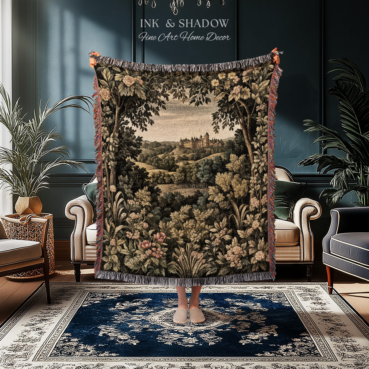 Medieval Meadow Tapestry Blanket | Rustic Fairytale Castle Landscape Woodland Fairy Folklore Princesscore Aesthetic Mystic Victorian Floral