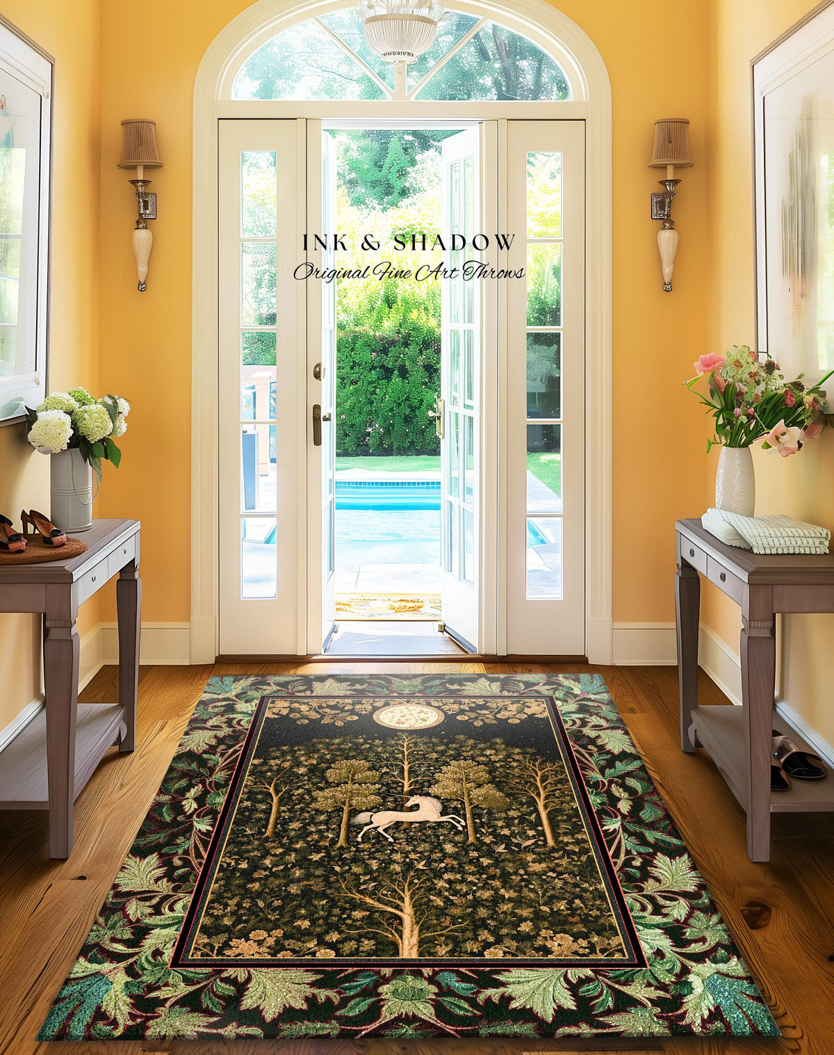 Magic Aesthetic Unicorn Runner Rug Cottagecore Style, Dark Academia Folklore Decor Gothic Maximalist Fantasy Art Enchanted Fairytale Accent