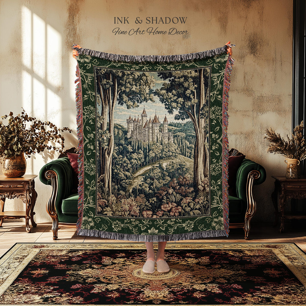 Fairytale Aesthetic Castle Tapestry Blanket Fairycore Folklore Inspired Decor | Magical Woodland Bedroom Whimsigothic Ethereal Forest Throw