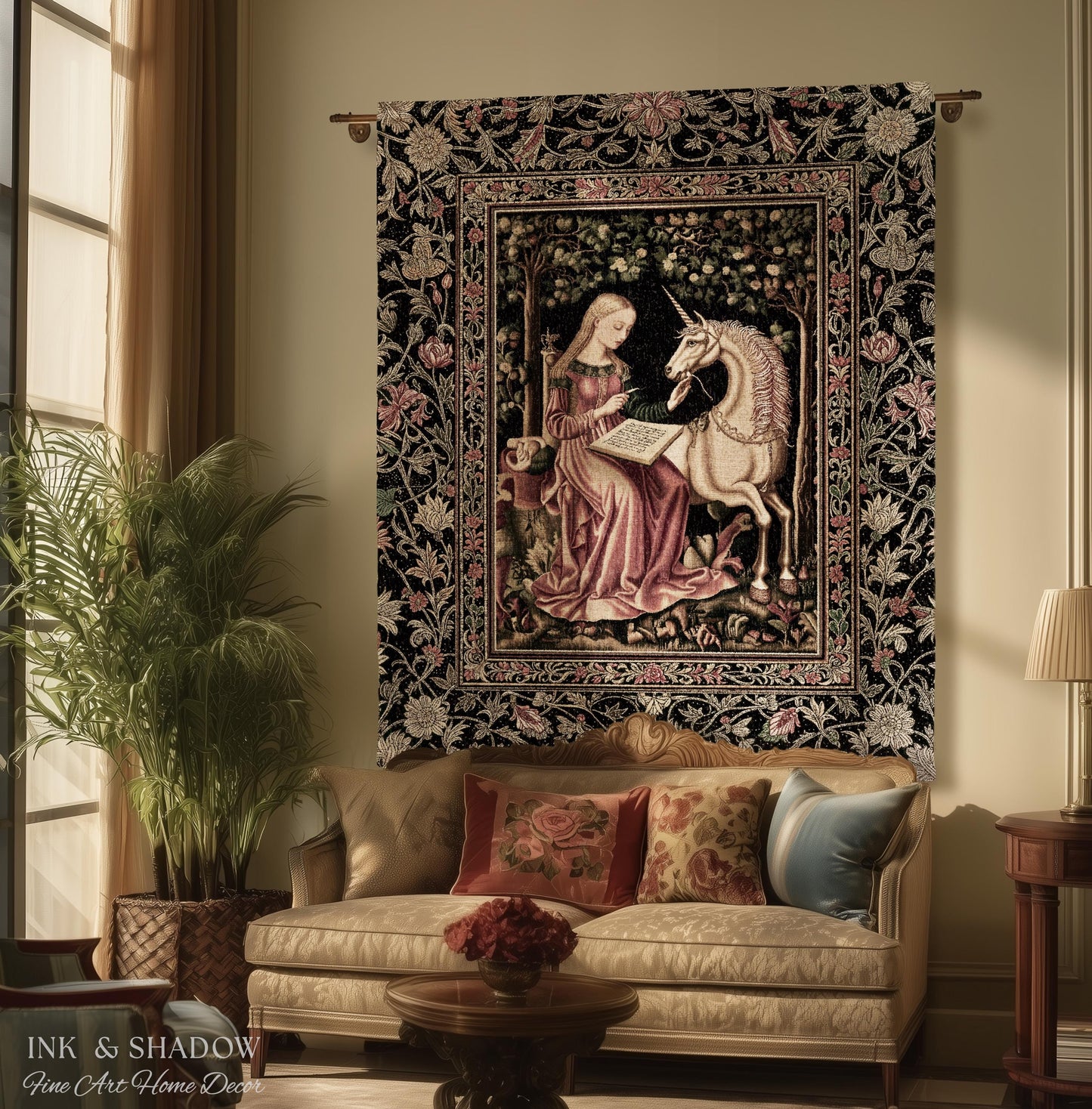 Cozy Storybook Reading Throw Blanket | Medieval Bedroom Unicorn Cottagecore Dark Academia Decor Fairytale Princess Rococo Woven Tapestry |
