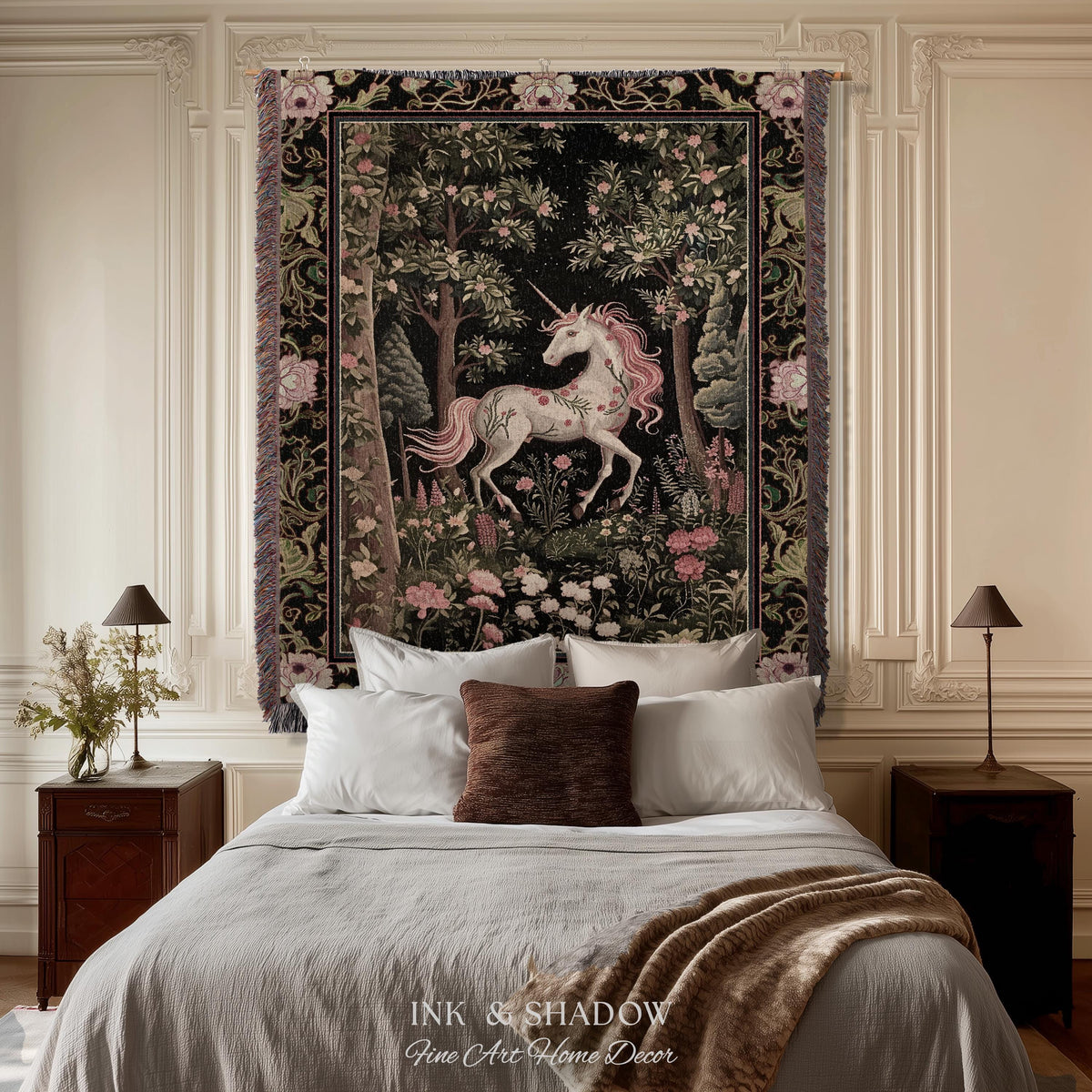 Enchanted Forest Unicorn Woven Throw Blanket Mystical Medieval Tapestry | Romantic Baroque Art Renaissance Decor Fairycore Vintage Aesthetic