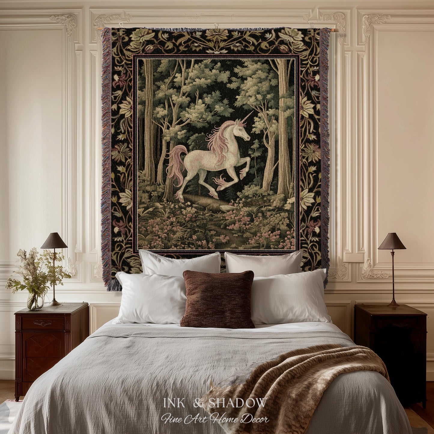 Medieval Unicorn Tapestry Blanket Dark Woodland Aesthetic | Enchanted Forest Decor Whimsical Cottagecore Fantasy Art Mystic Forestcore Throw