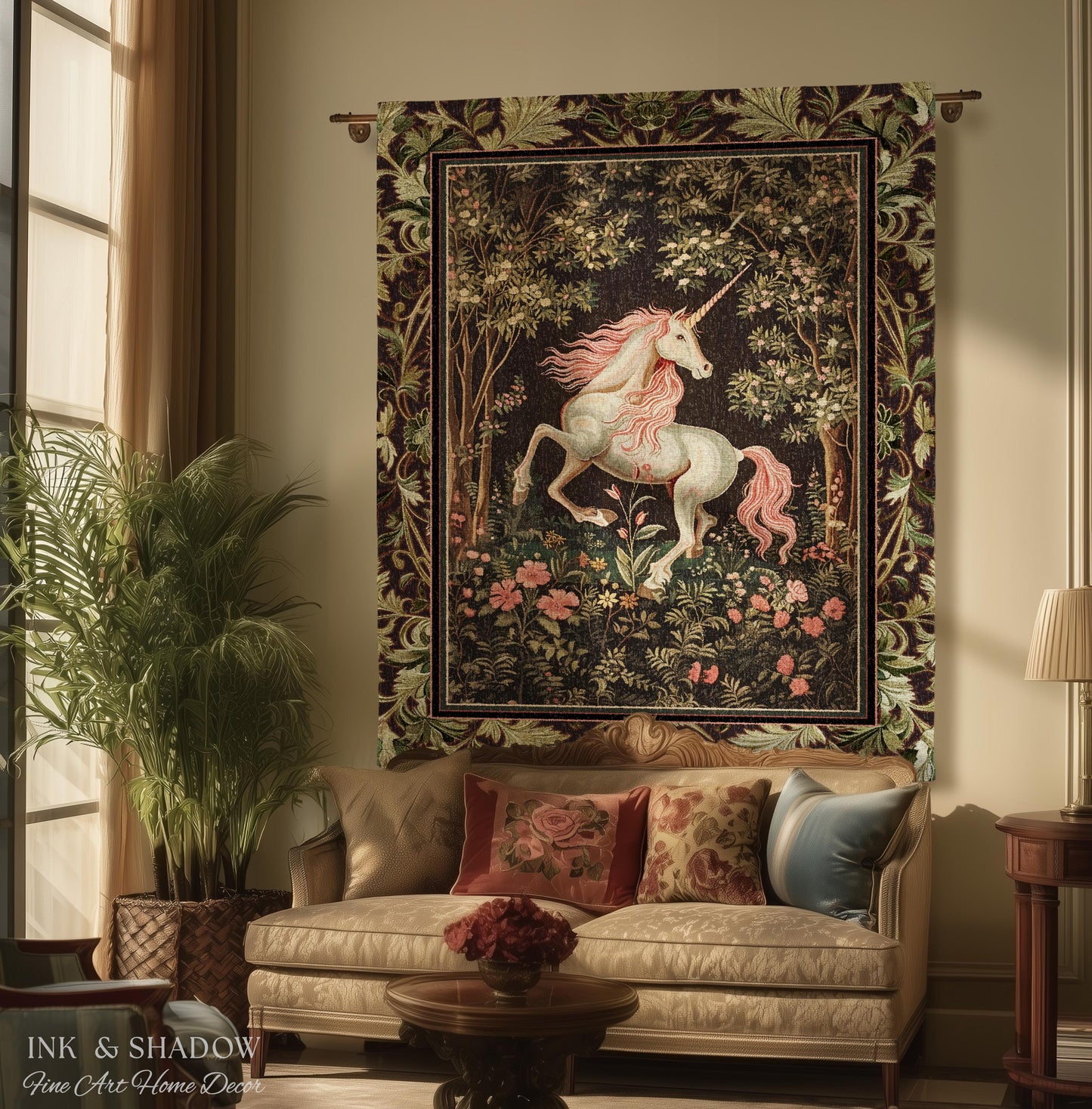 Whimsical Enchanted Unicorn Blanket Victorian Gothic Tapestry Blanket | Dark Cottagecore Throw Renaissance Folklore Baroque Aesthetic Decor