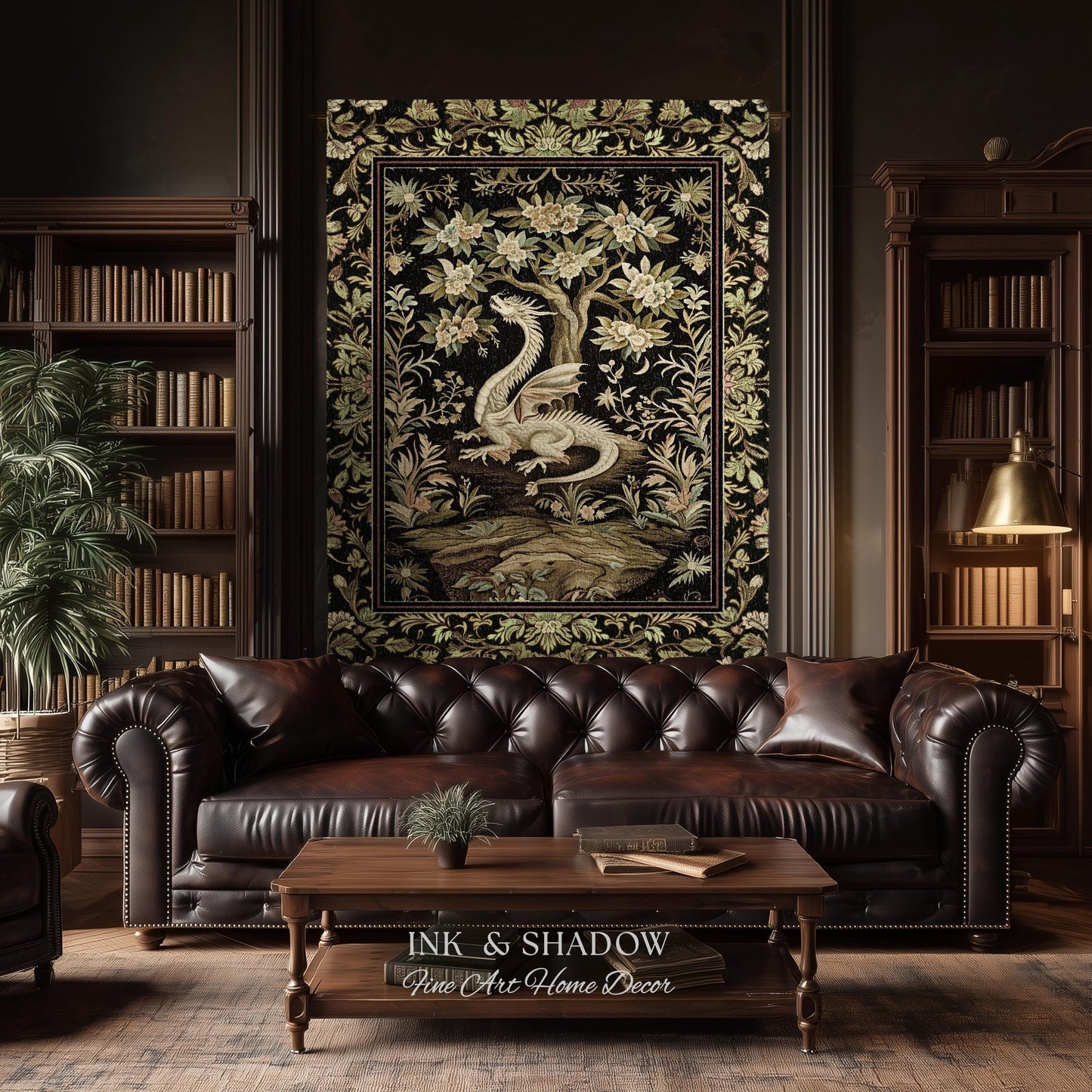 Woodland Gothic White Dragon Blanket Enchanted Forest Tapestry Throw | Mystical Dark Academia Whimsical Fantasy Forestcore Art Deco Decor
