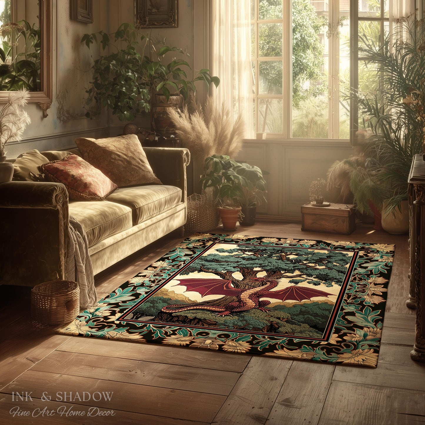Dark Magic Medieval Dragon Area Rug | Fantasy Aesthetic Gothic Baroque Bedroom Tree of Life Mythical Creatures Bedroom Book Nook Carpet Rug